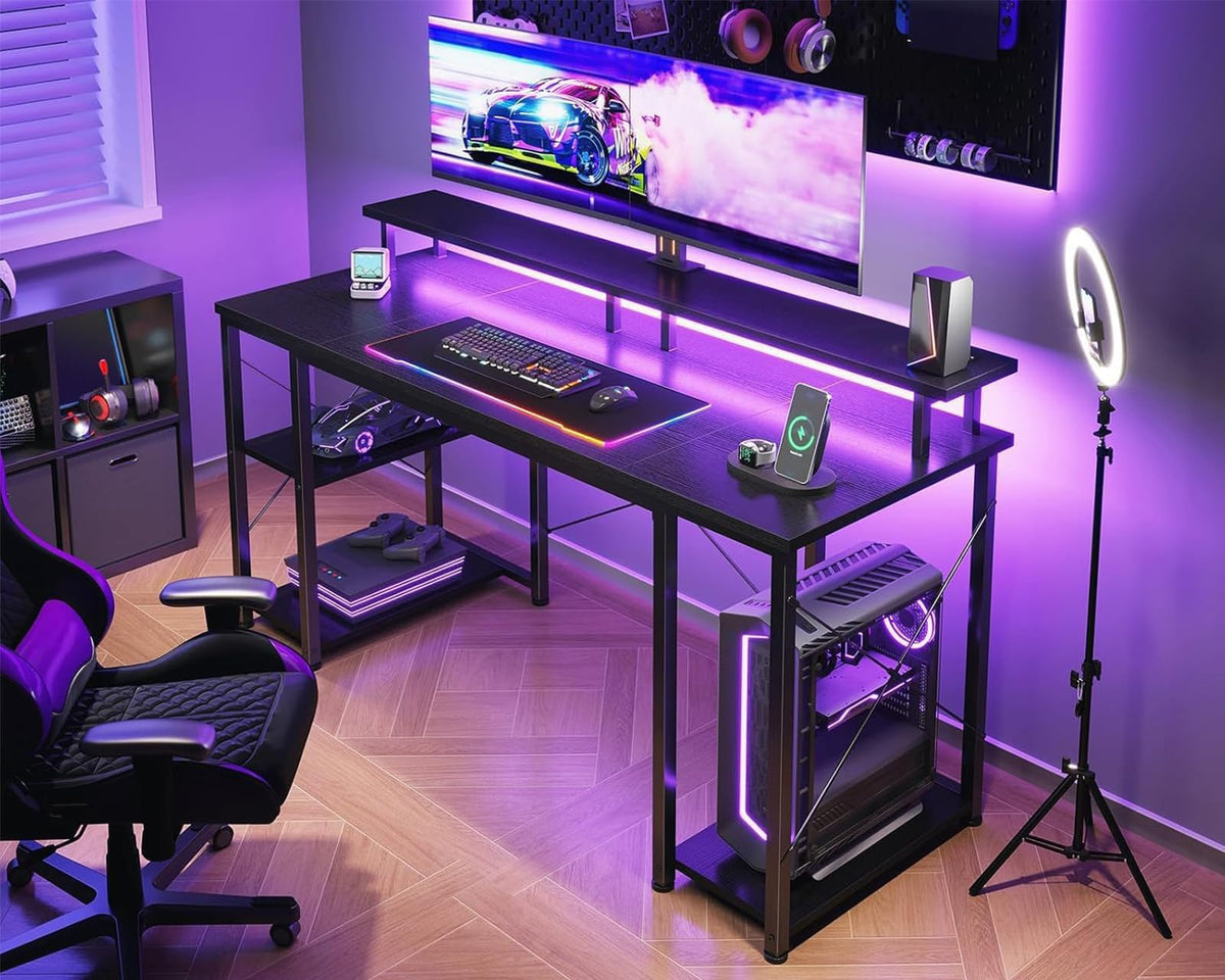ODK 48 inch Gaming Desk with LED Lights, Computer Desk with Monitor Stand & Storage Shelves, CPU Stand, Home Office Desk, Black