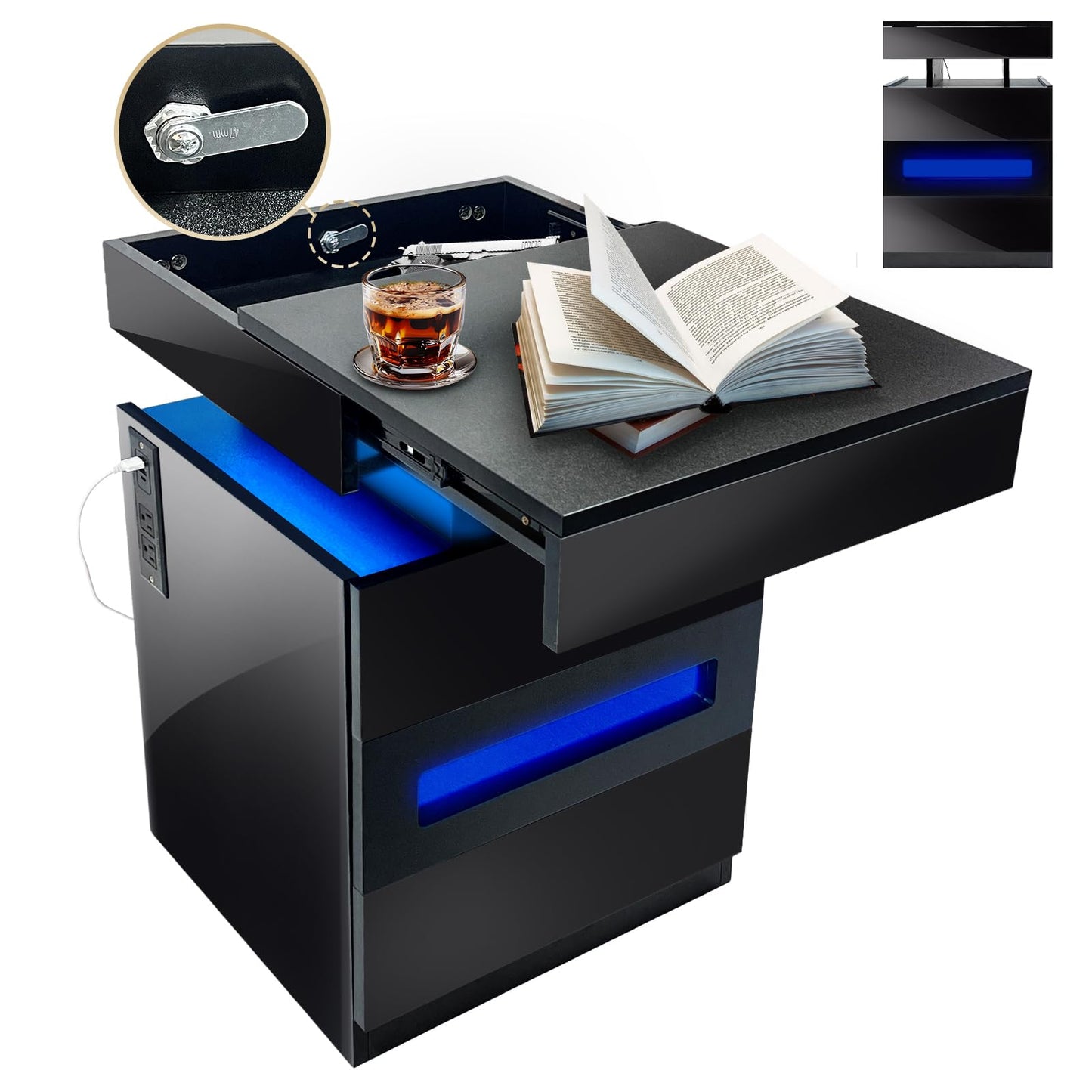 POVUD Night Stand with Gun Drawer, Modern Nightstand with Led Lights and Hidden Compartment, Charging Bedside Table Nightstand with USB C Port Storage Shelves for Bedroom Black