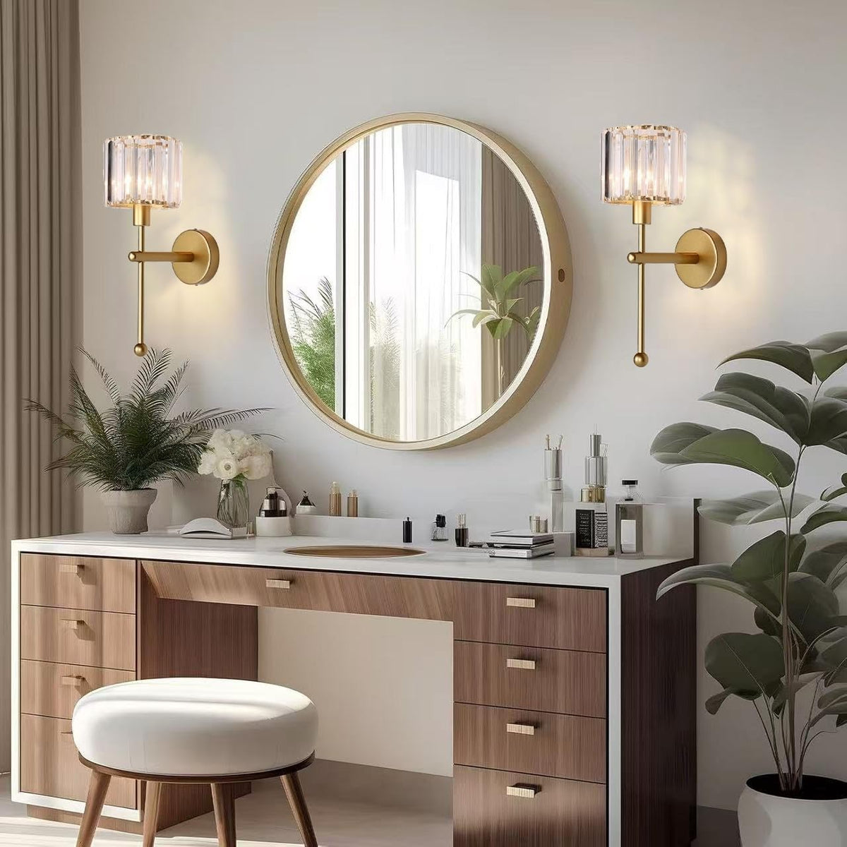 SADOVC Modern Glass Crystal Wall Sconces Battery Operated Set of 2, Gold Rechargeable Wall Lights with Remote,Non Hardwired Clear Wall Lighting Fixture Brass for Bedroom Bathroom Living Room Porch