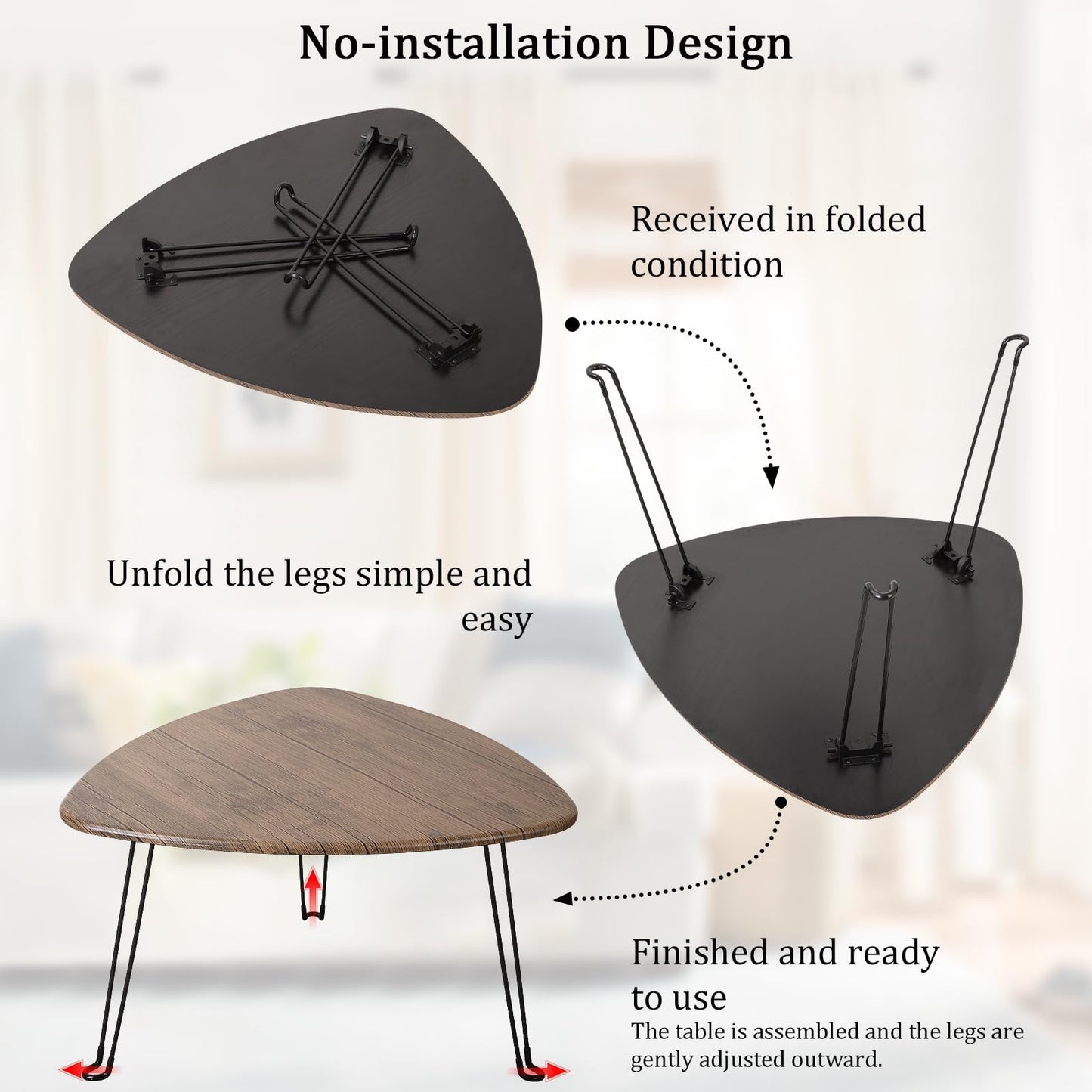 Folding Coffee Table for Living Room Small Wooden Folding Tables with Steel Legs Light Brown Triangle Coffee Table Mid Century Modern Floor Desk Low Table for Small Spaces Home Office