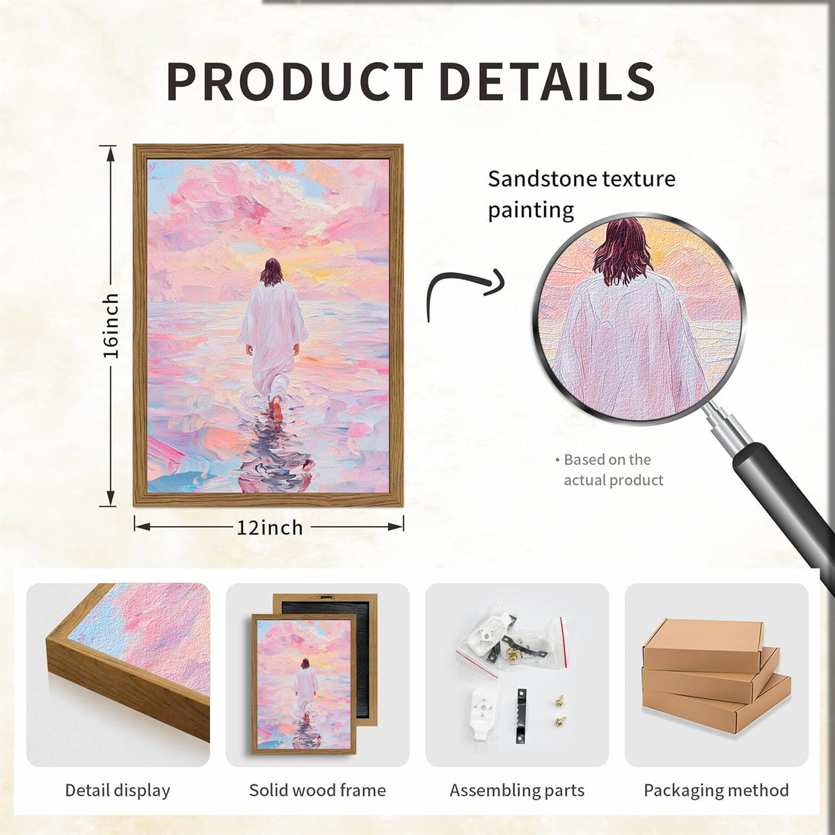 Pink Jesus Walking On Water Wall Art, Frame 3D Textured Hand Drawn Sandstone Christian Wall Decor Paintings Religious Savior Pictures for Living Prayer Room Bedroom, 12x16 in Wood Framed