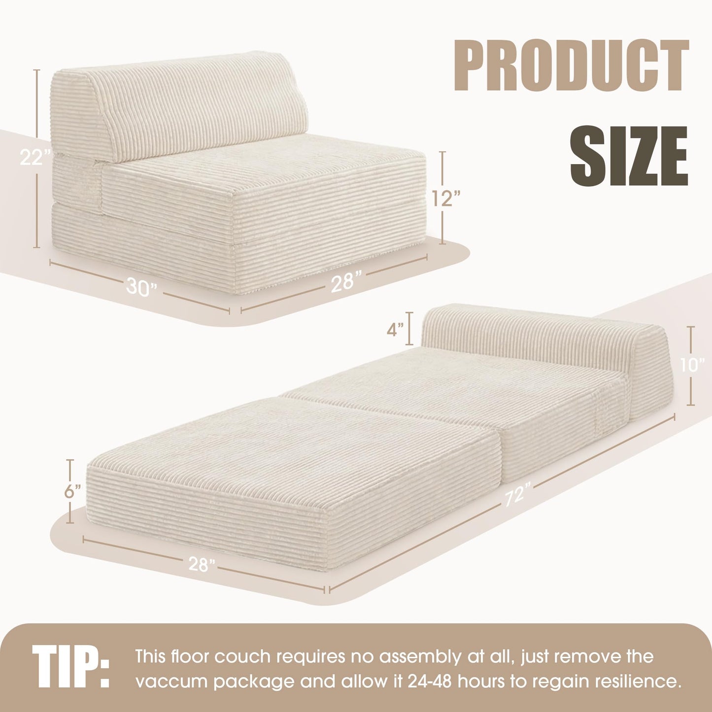 Kasunpul Folding Sofa Bed with Pillow, Memory Foam Fold Out Chair Bed, Convertible Sleeper Chair with Washable Cover, Futon Floor Couch for Living Room/Dorm/Guest Use/Home Office/Apartment, Beige