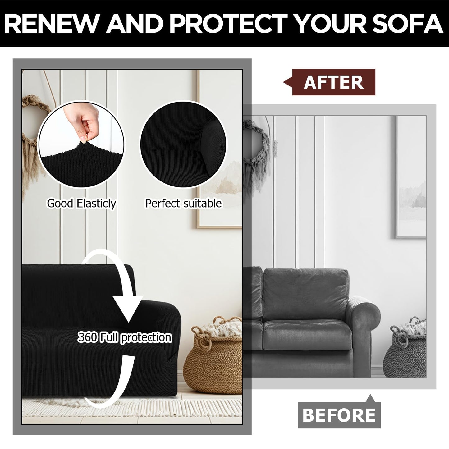 Peryiter 2 Pcs Sofa Covers Couch and Loveseat Covers Set Stretch Sofa Slipcover for Living Room Armchair Furniture Protector, Wrinkle Proof(Black,Jacquard)