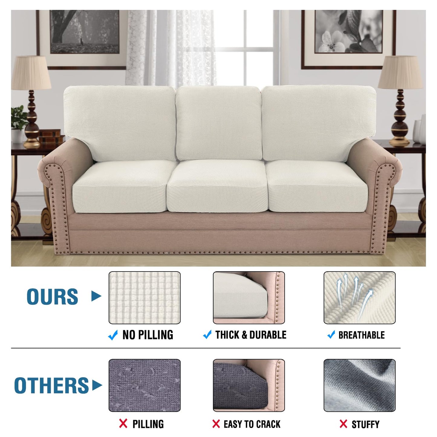 H.VERSAILTEX Multi-Pieces Sofa Covers for Three Cushion Couch Sofa High Stretch Seat Cover Jacquard Textured Twill Fabric(3 Seat Cover Plus 3 Back Cushion Covers, Ivory)