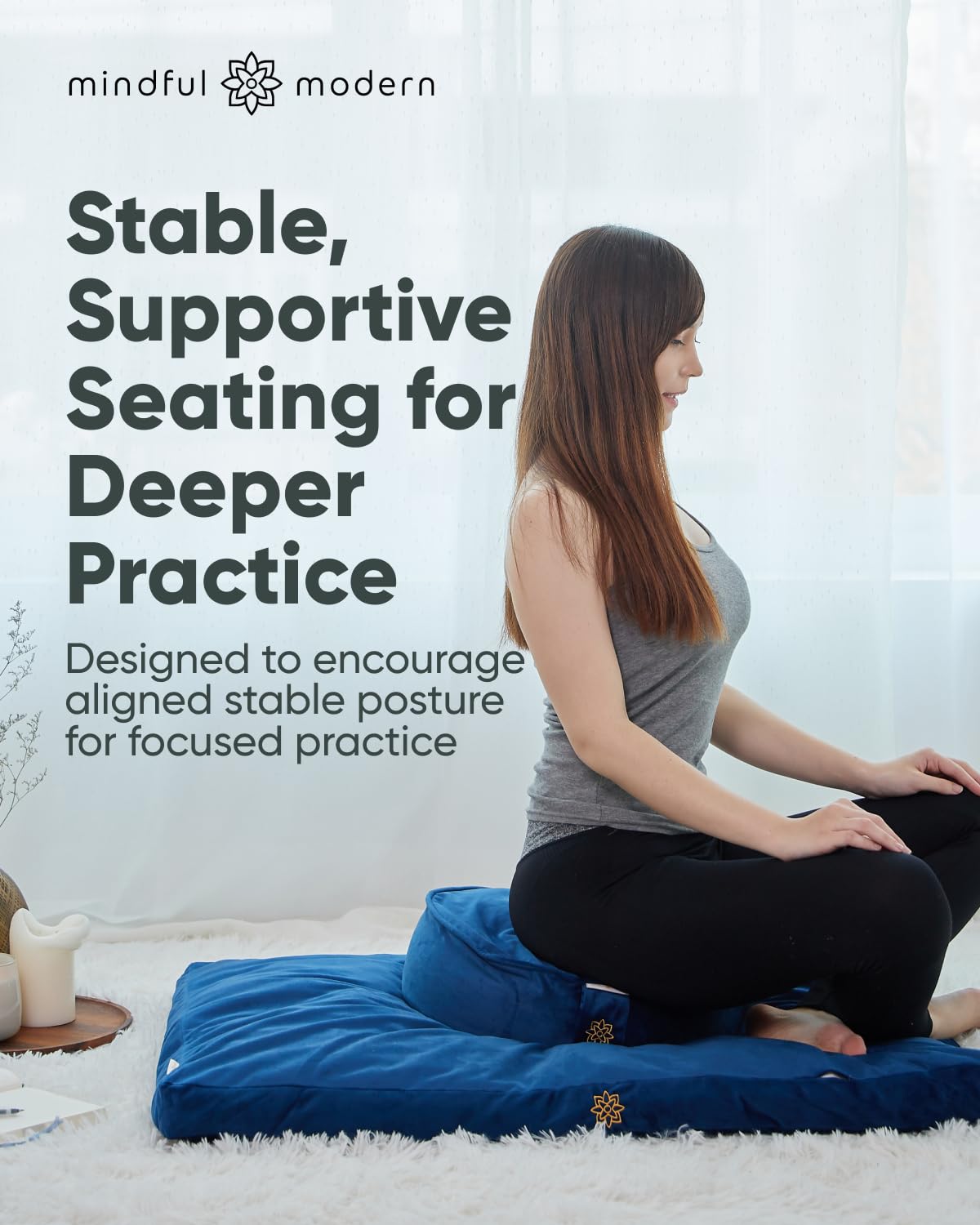 Mindful Modern Velvet Zabuton Meditation Mat - Luxurious Meditation Cushion Pillow with 100% Cotton Filling - Enjoy Better Posture and Greater Comfort for Zafu or Bench (Royal Navy)
