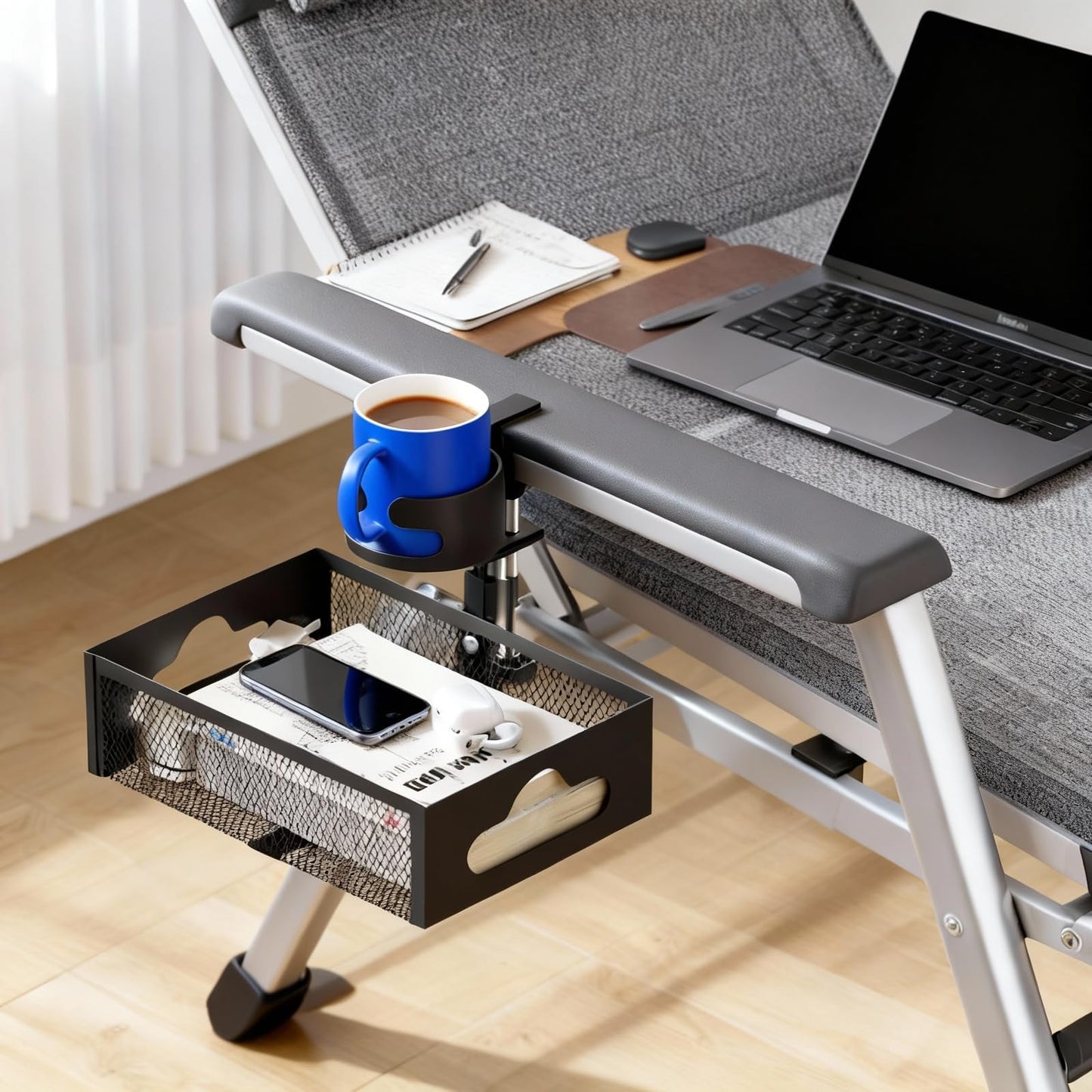 XULIONTS Clamp-On Under Desk Organizer with Cup Holder, 360° Rotating Mesh Drawer with Cable Hole, No-Drill Desk Drawer Organizer for Gaming Desk Accessories, Office Supplies, Coffee Mug, Dorm(2 in1)