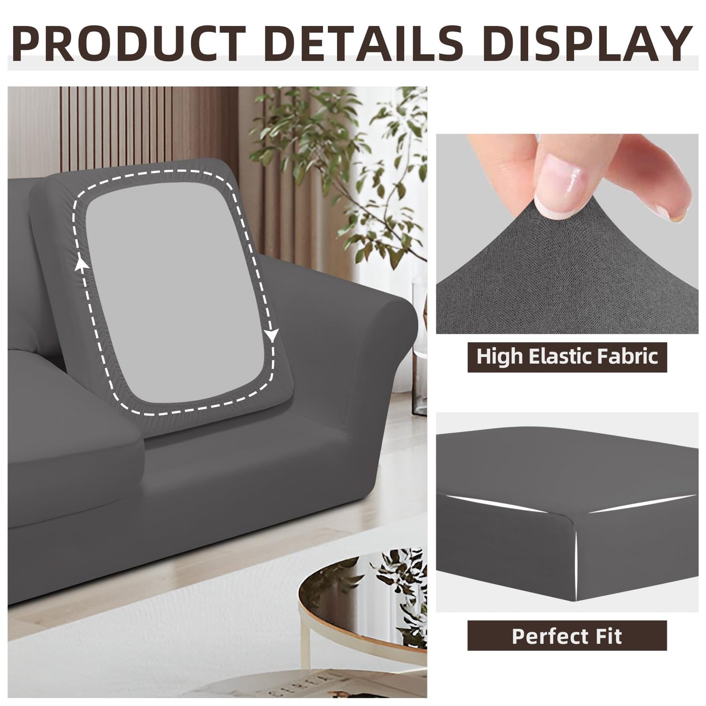 Easy-Going 7 Pieces Stretch Couch Cover Washable Sofa Cover Set for 3 Backrest and Seat Cushion Couch Anti-Slip Sofa Slipcover Furniture Protector with Elastic Bottom (Large, Light Grey)