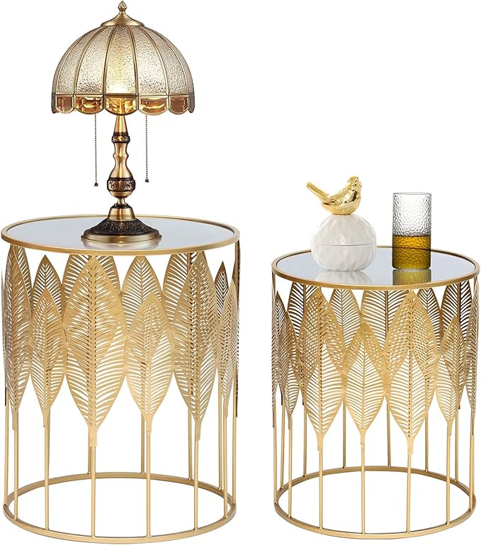Homebeez Gold Nesting Tables Set of 2, Glam Leaf Design Round End Table