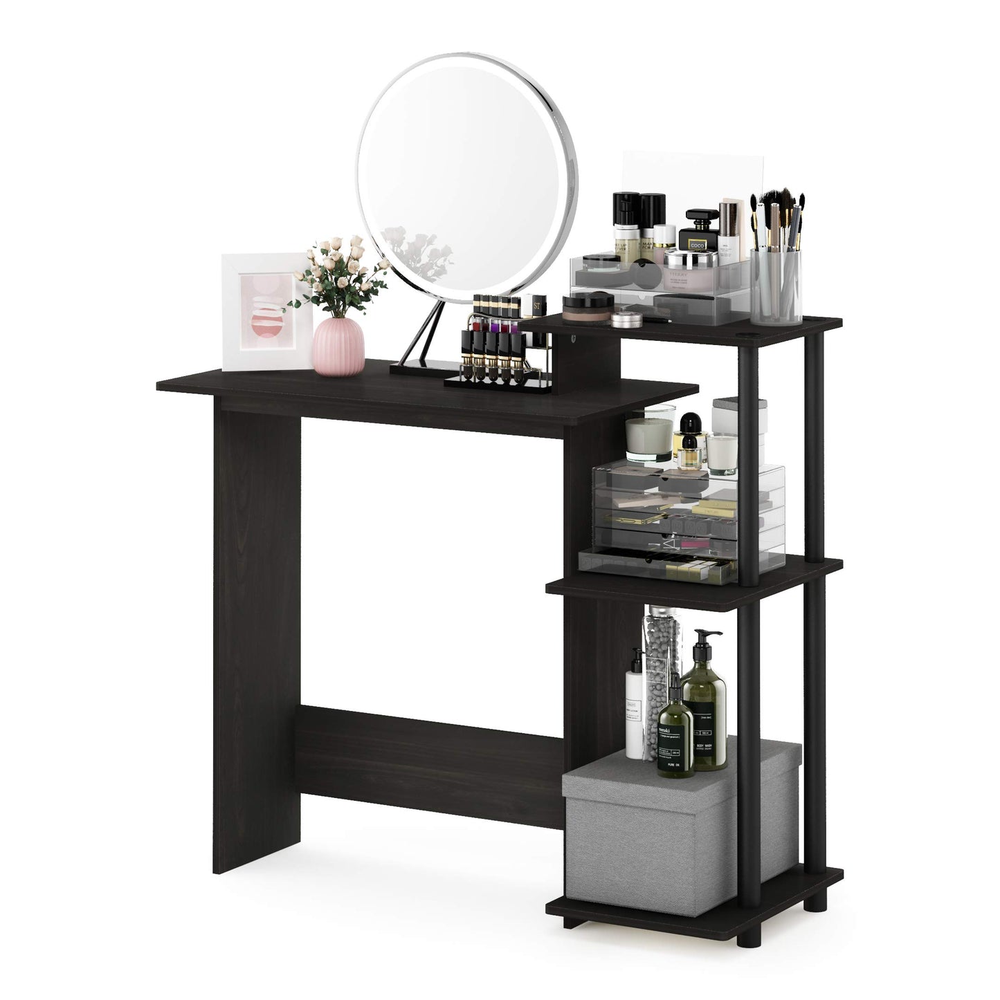 Furinno EFFICIENT Desk, 28.6" Wide Gaming Desk with 3 Open Side Shelves, Laptop Notebook Computer Desk, Office Desk for Home Office, Study Room, Dorm, Bedroom, Dark Espresso
