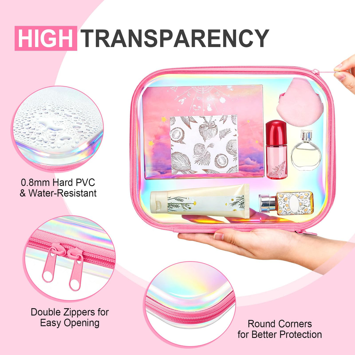 Hoolerry 3 Pcs Clear Hard Zipper Case Hard Plastic Zipper Pouch Makeup Bag Portable Travel Organizer for Cosmetics, Office Supplies, Documents & Toiletries(Laser,M)