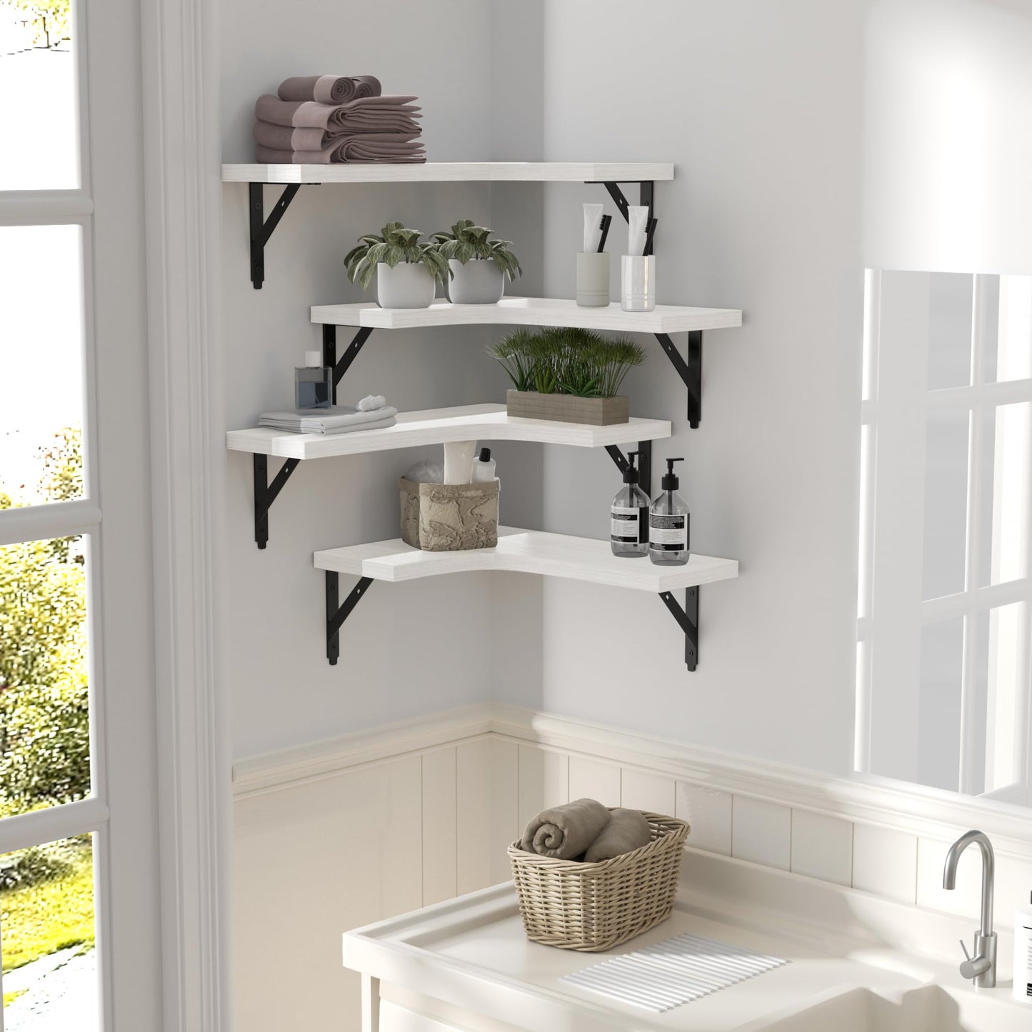 ROMGUAR CRAFT Corner Floating Shelves Wall Mounted Set of 4, Rustic Wood Storage Display Shelves for Home Decor, Bathroom, Kitchen, Bedroom, Living Room, Office (White)