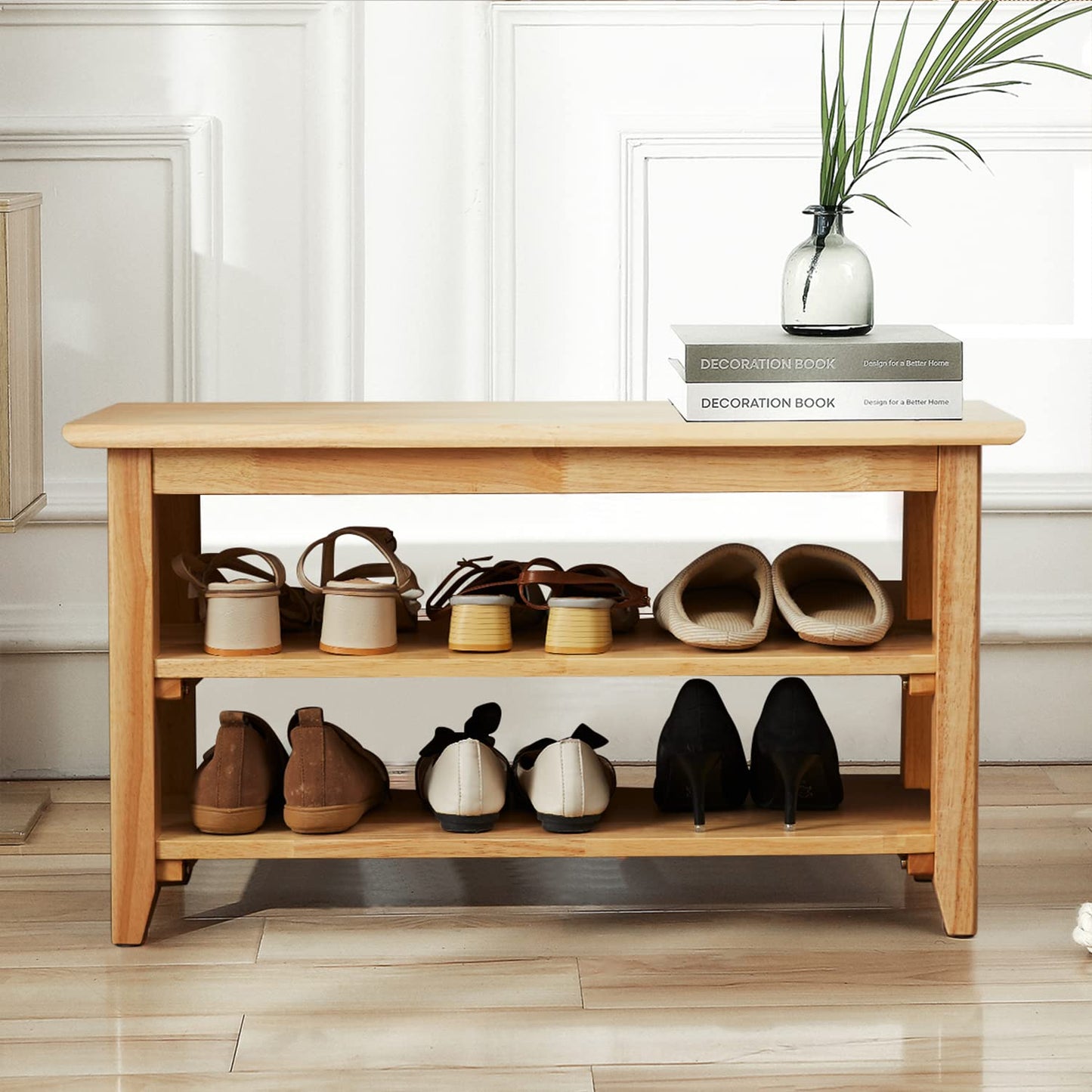 Dewfig Shoe Rack Bench, 3-Tier Shoe Shelf Organizer,6-Pairs Entryway Storage Bench for Hallway, Bedroom, Living Room, Bedroom, Hold up to 550 lbs, Solid Wood, Natural