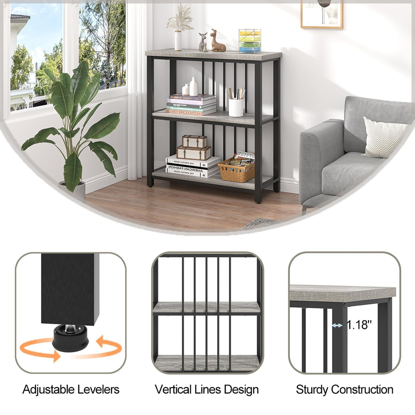FOLUBAN 3 Tier Bookshelf, Short Bookcase for Small Space, Modern Wooden and Metal Book Shelf for Living Room Bedroom Office (Light Grey Oak)