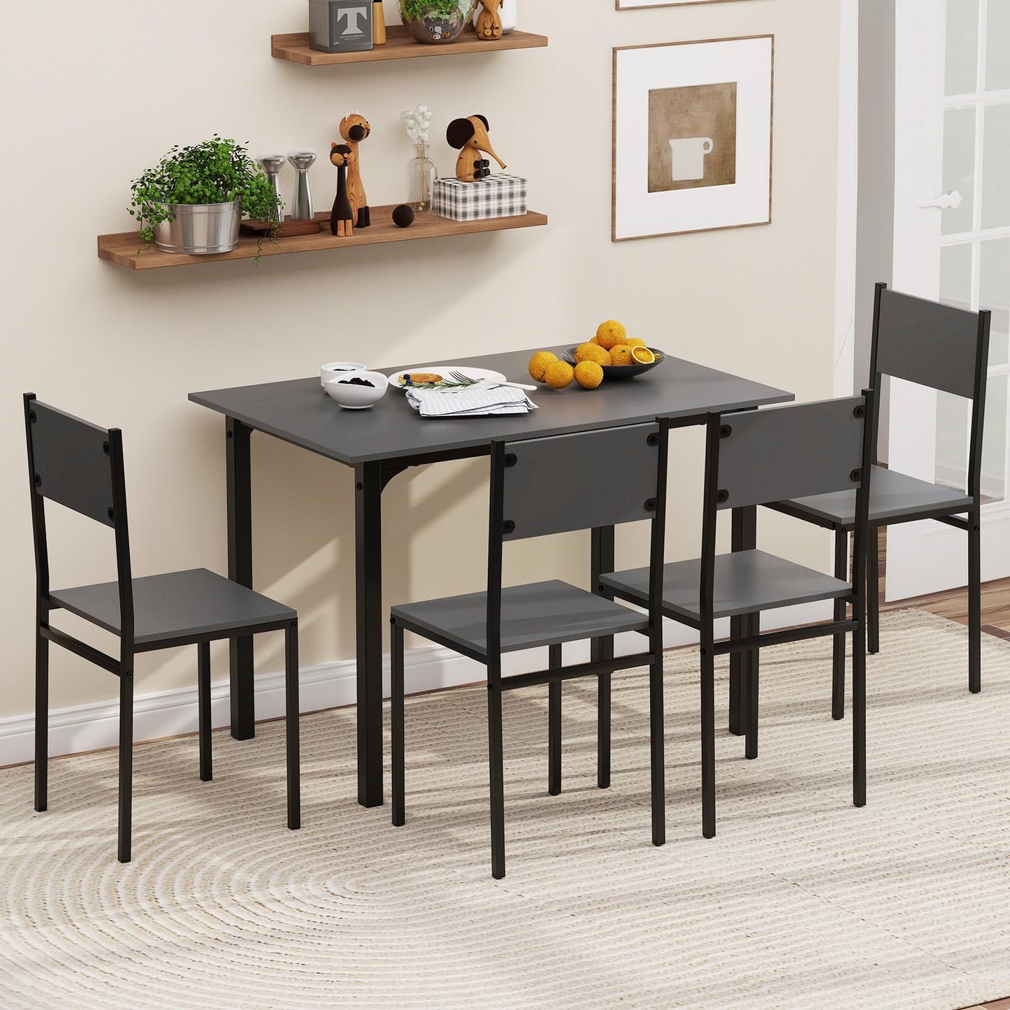 GOFLAME 5-Piece Dining Table Set, Industrial Kitchen Table and Chairs for 4 with Backrest and Metal Frame, Rectangular Space-Saving Dinette Set for Dining Room, Apartment, Small Space, Grey