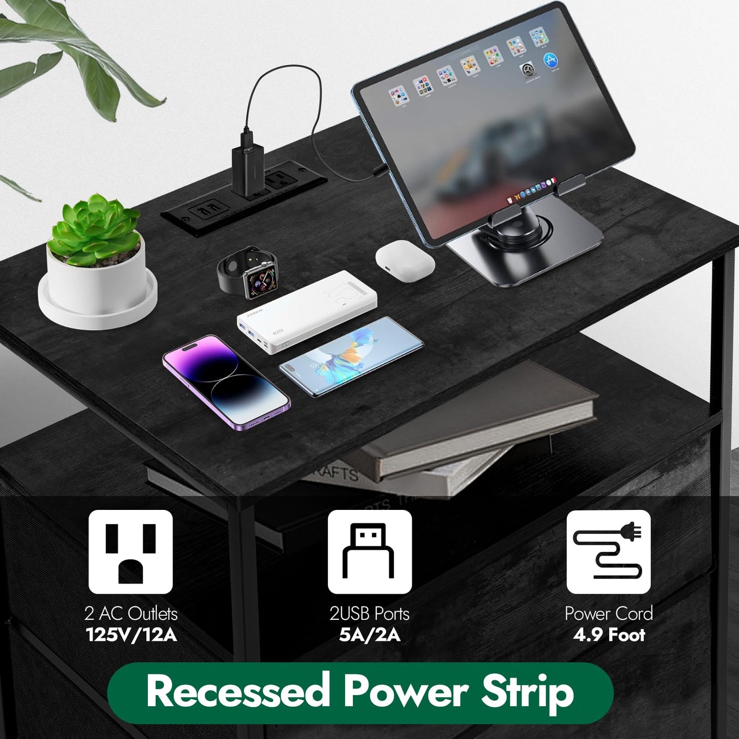 PATAVOT 3 Drawers Dresser with Charging Station, 24 Inch Wide LED Night Stand with Adjustable Fabric Drawer, Nightstand with Storage Shelf for Living Room/Bedroom/Office, Black.