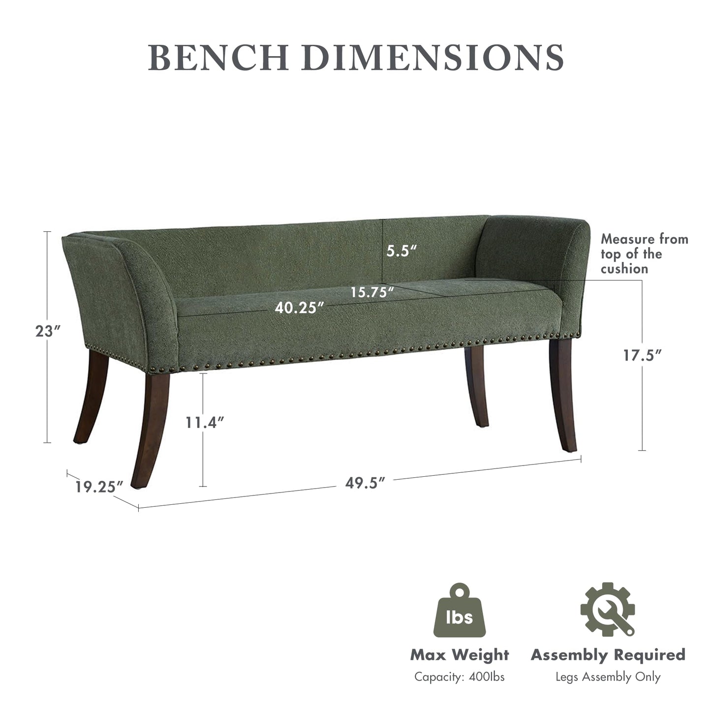 Madison Park Accent Bench, Plush Upholstered, Nailhead Trim, & Padded Seat Entryway Bench Small, End of Bed Bench with Back, 49.5" W x 19.25" D x 23" H, Green