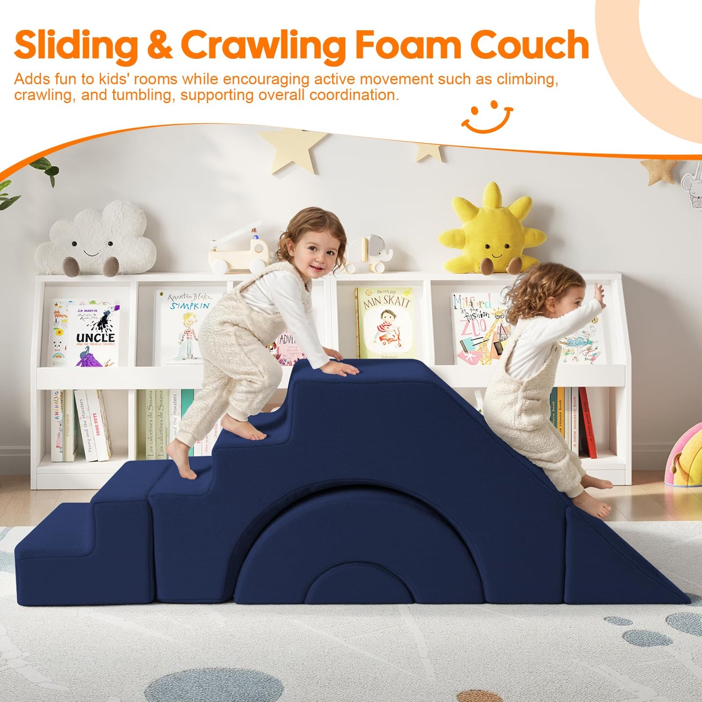 MeMoreCool Modular Kids Sofa, Foam Couch Sofa with Slide & Stair Design, Convertible Kids Couch for Playroom, Sectional Child Furniture for Bedroom Living Room, Navy