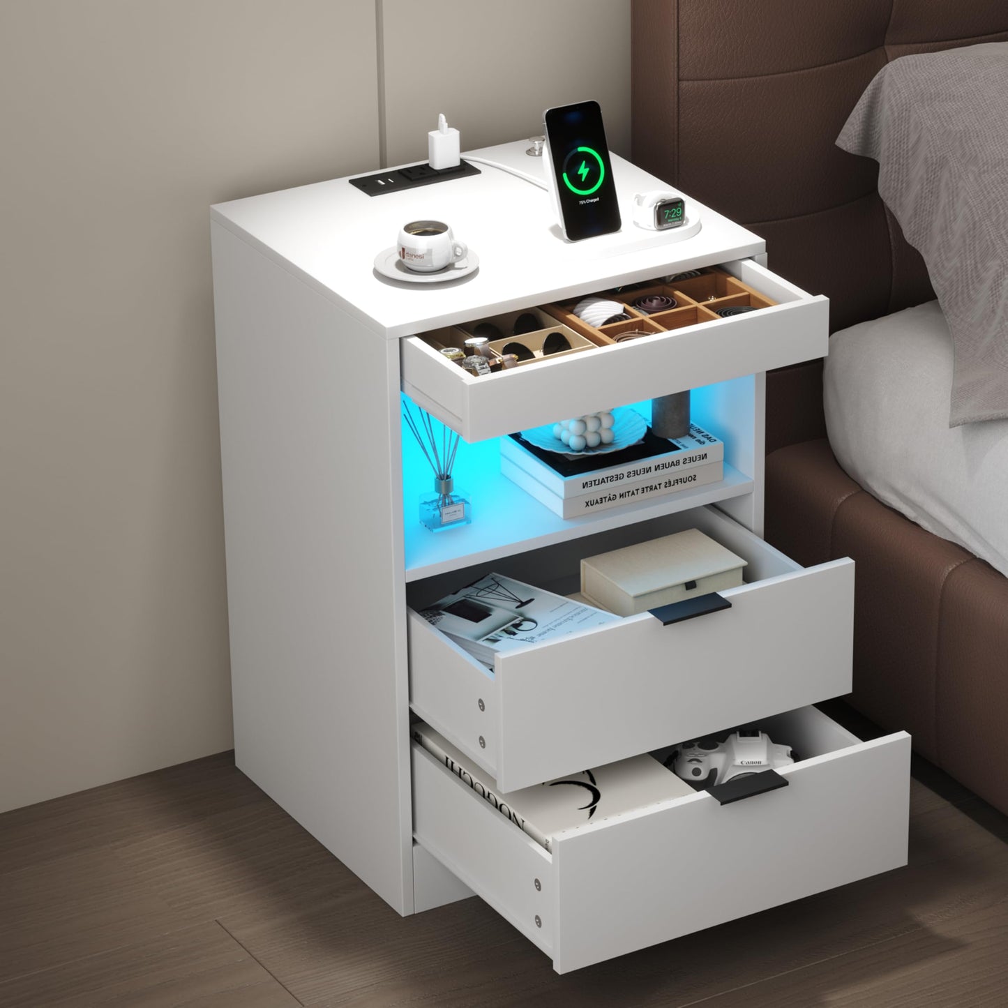 Yusong Night Stand with Gun Drawer & Invisible Lock, Bedside Table, LED Nightstand with Charging Station, Modern Night Stand, Wood Sofa Couch End Side Table with 2 Pull-Out Shelf (White 002)