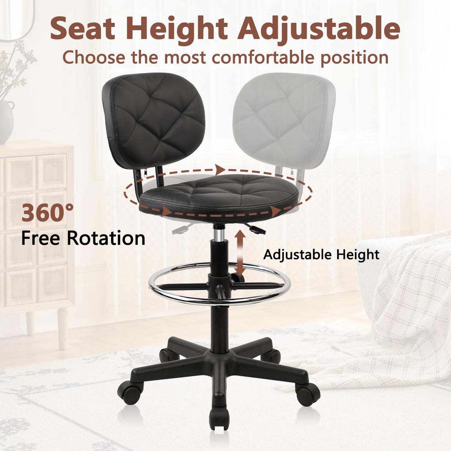 KLASIKA PU Leather Rolling Bar Stool with Wheels and Back, Tall Drafting Stool with Adjustable Height and Footrest, Multi-Purpose Office Desk Chair for Home Kitchen Shop Work, Black (1PK)
