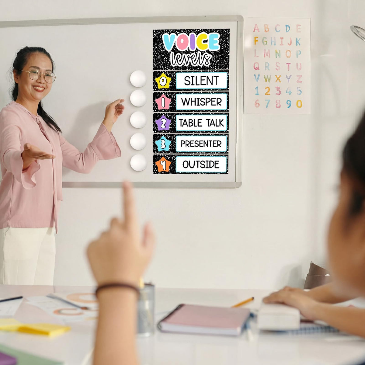 Glooglitter 5 Pcs School Magnetic Voice Level Chart Poster and Push Light Composition Notebook Classroom Decor LED Tap Light Chart Noise Voice Level Sign for Classroom Teacher Back to School Supplies