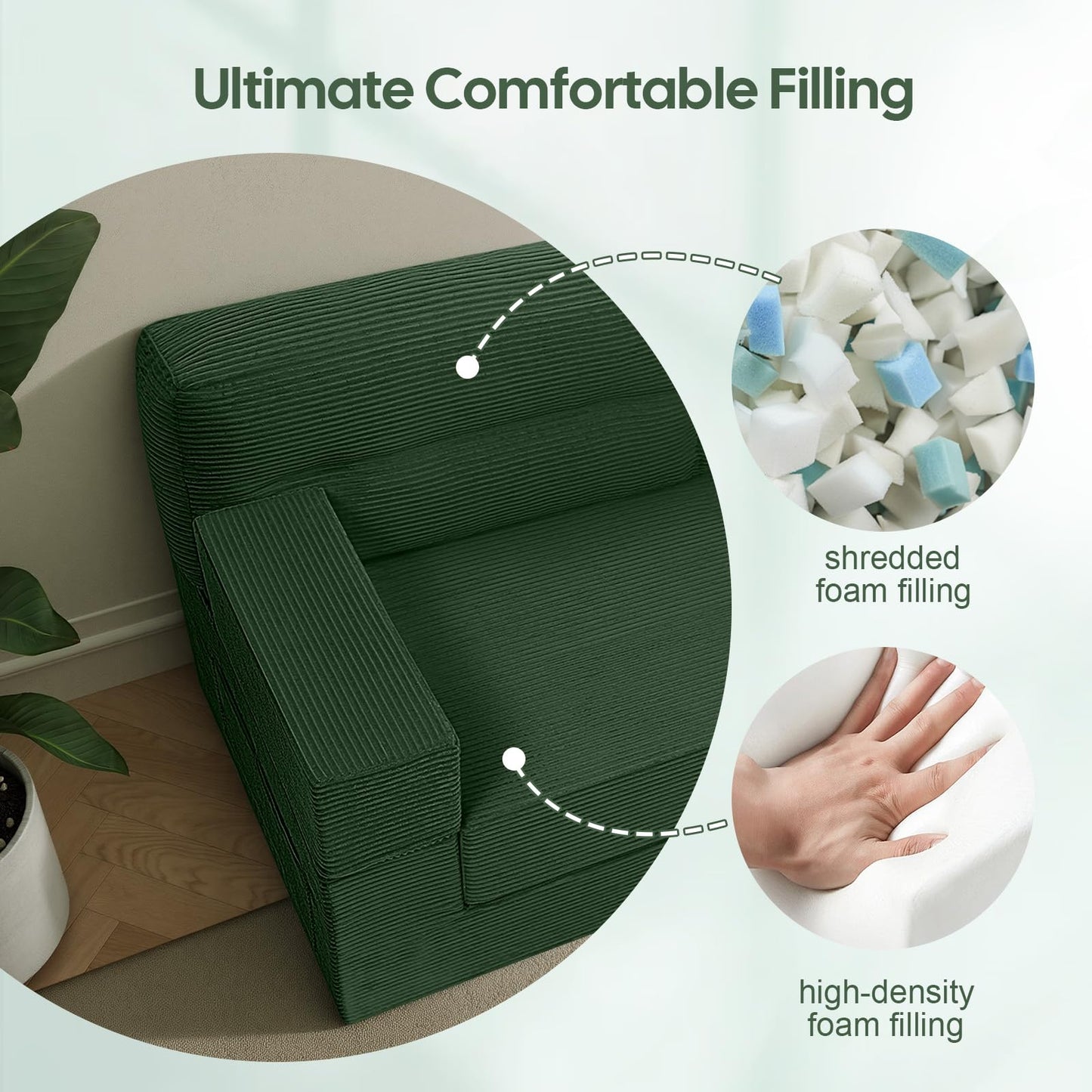 MeMoreCool Queen Sofa Bed, 4-in-1 Pull Out Couch Bed with Wedge Pillow, Boneless Futon Sleeper Loveseat, No Assembly Folding Sofa for Living Room Guest Room, Green Corduroy