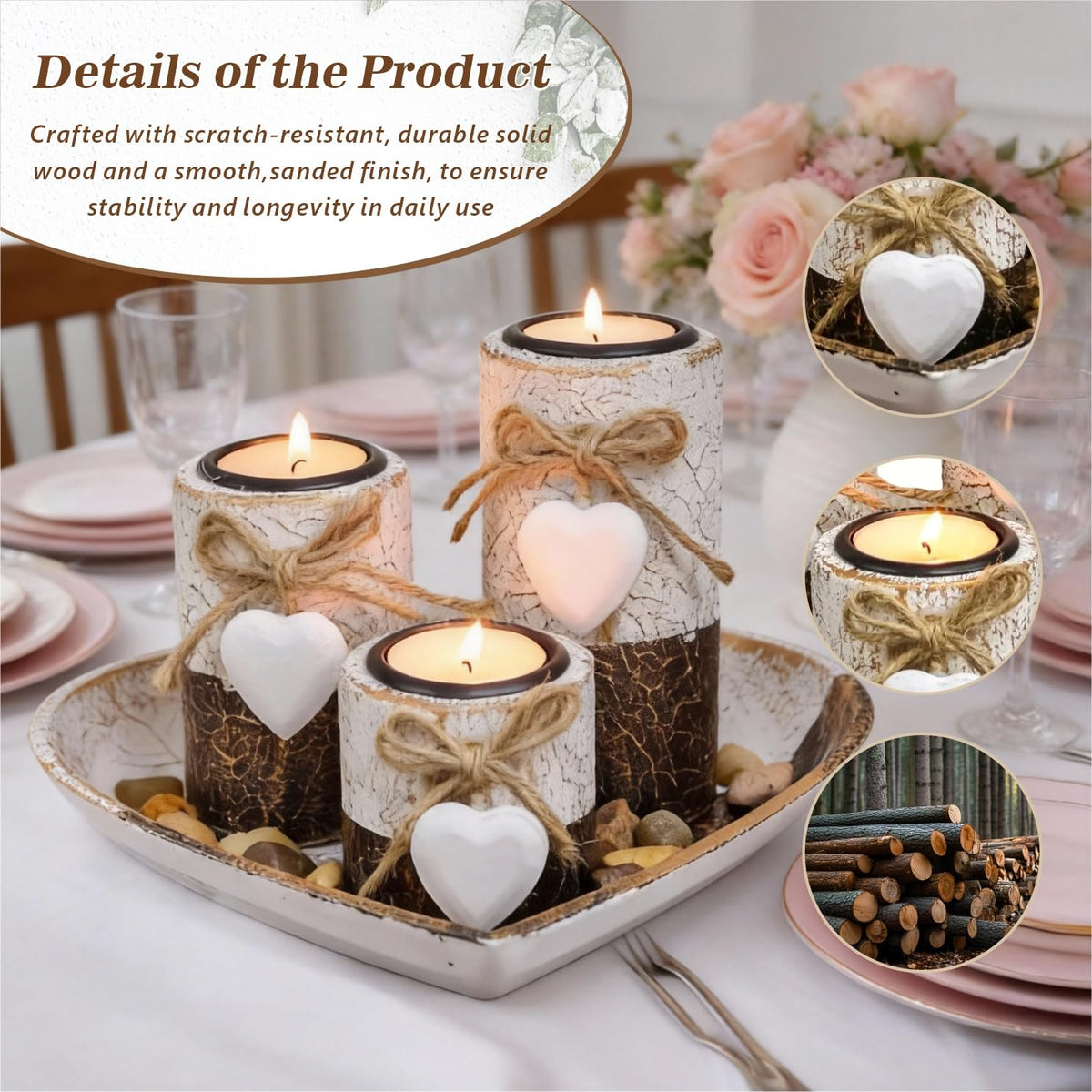 Wooden Tealight Candle Holders with Heart Tray, Rustic Farmhouse Candle Holders for Table Centerpiece Classic and Elegant Tea Light Holder Set for Valentines Day Wedding Anniversary Holiday Home Decor