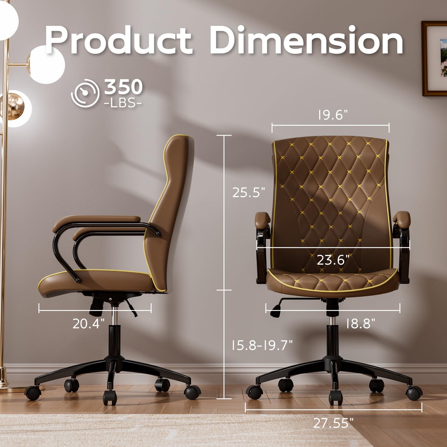 HomeZeer Brown Office Chair with Soft Leather Embroidery, Mid Back Vintage Swivel Executive Desk Chair with Wheels and Padded Arms, Adjustable Height