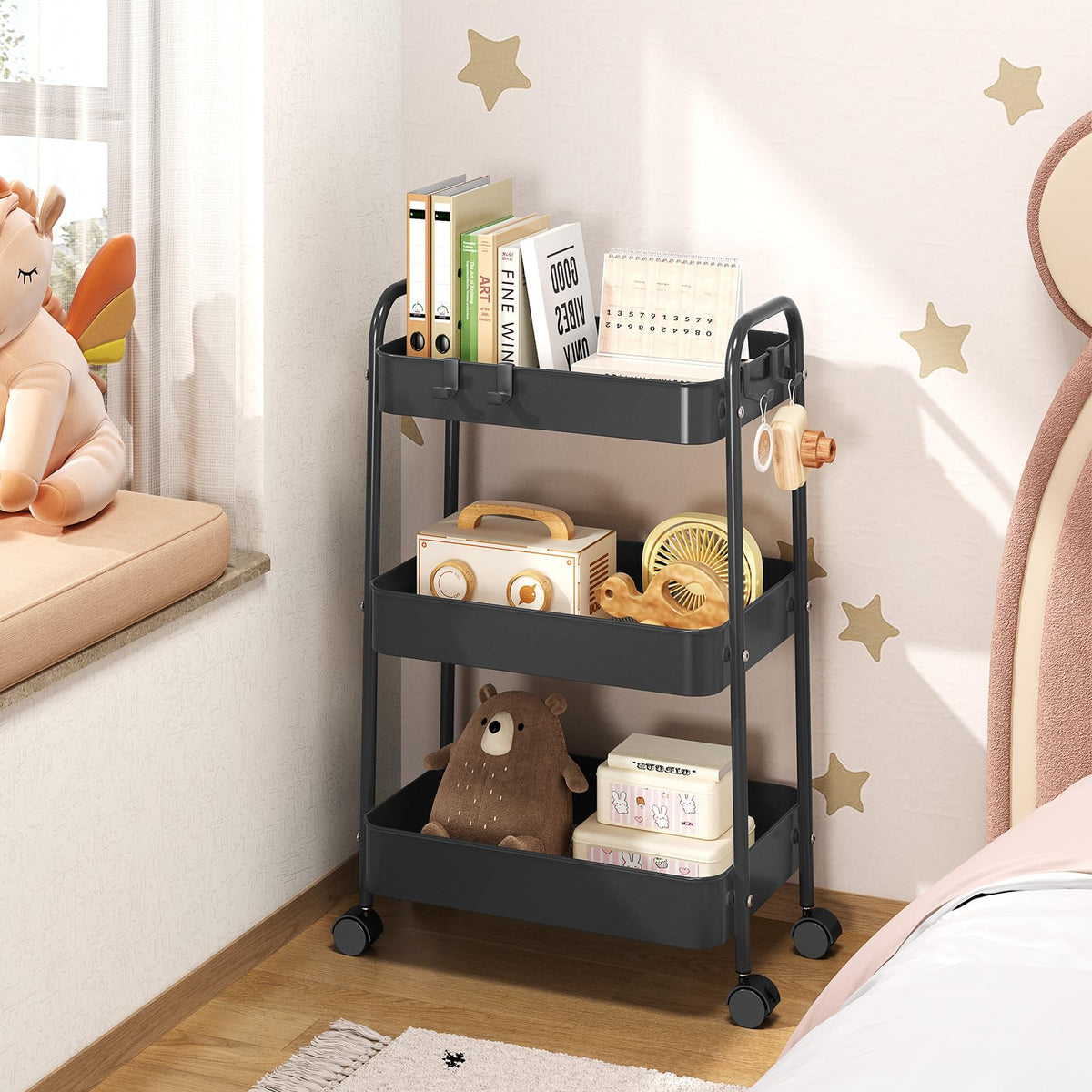 TOOLF 3 Tier Rolling Storage Cart, Metal Utility Cart with Hooks Trolley on Wheels Storage Organizer Serving Cart Mobile Craft Cart for Office, Bathroom, Kitchen, Kids' Room, Classroom Black