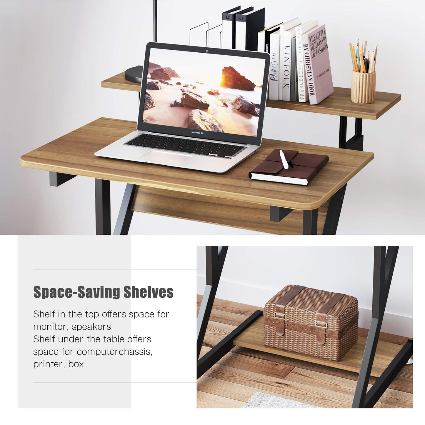Dripex Computer Desk for Small Spaces, Z Shaped Small Computer Desk, 27.5 inch Compact Desk with Monitor Shelf and Bottom Storage Shelves, Space Saving Desk, Walnut