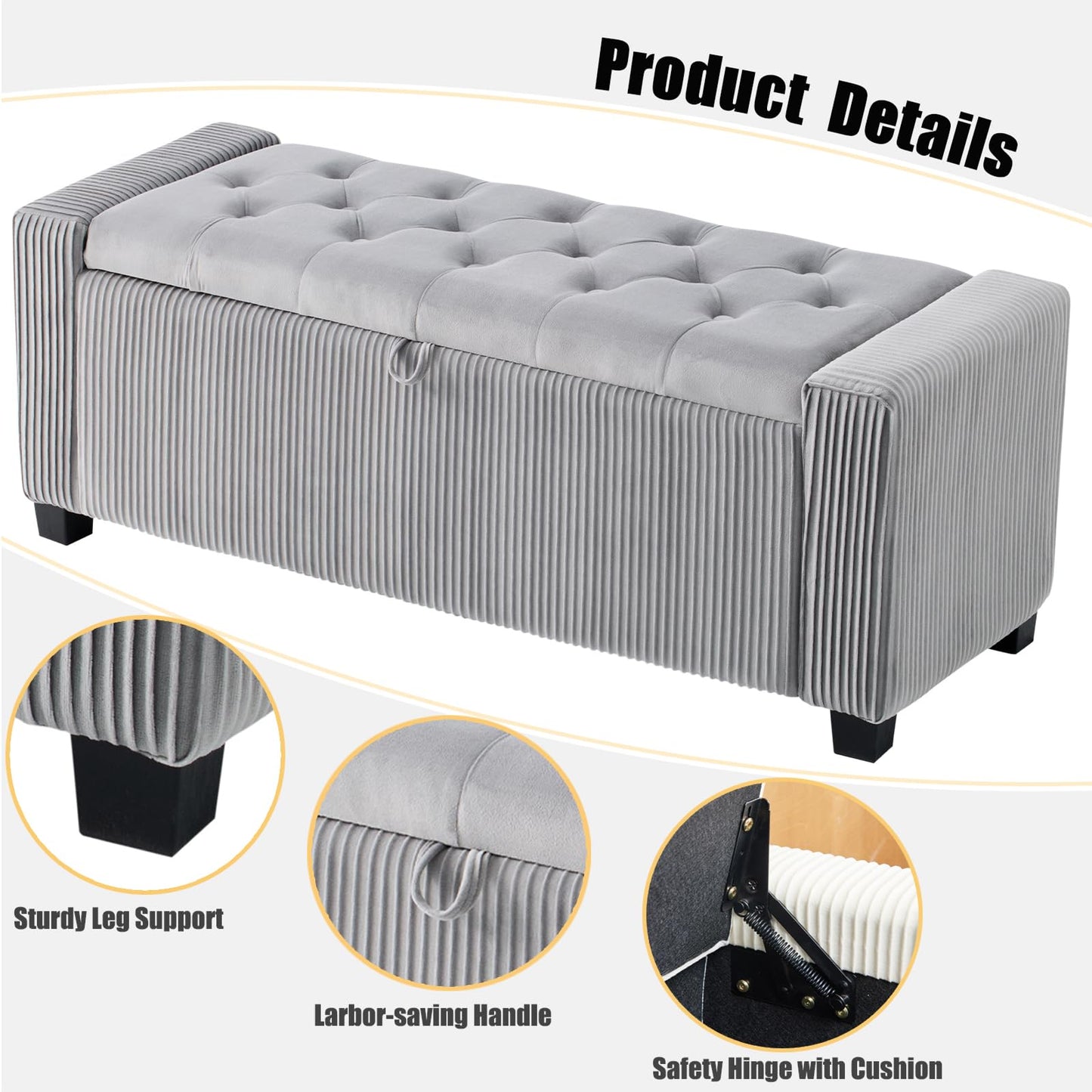 2BYF 43" Ottoman Bench with Storage for Bedroom, Comfort Upholstered End of Bed Storage Bench with Safety Hinges, Sturdy Wooden Footstool & Shoe Bench for Living Room, Entryway (Grey)