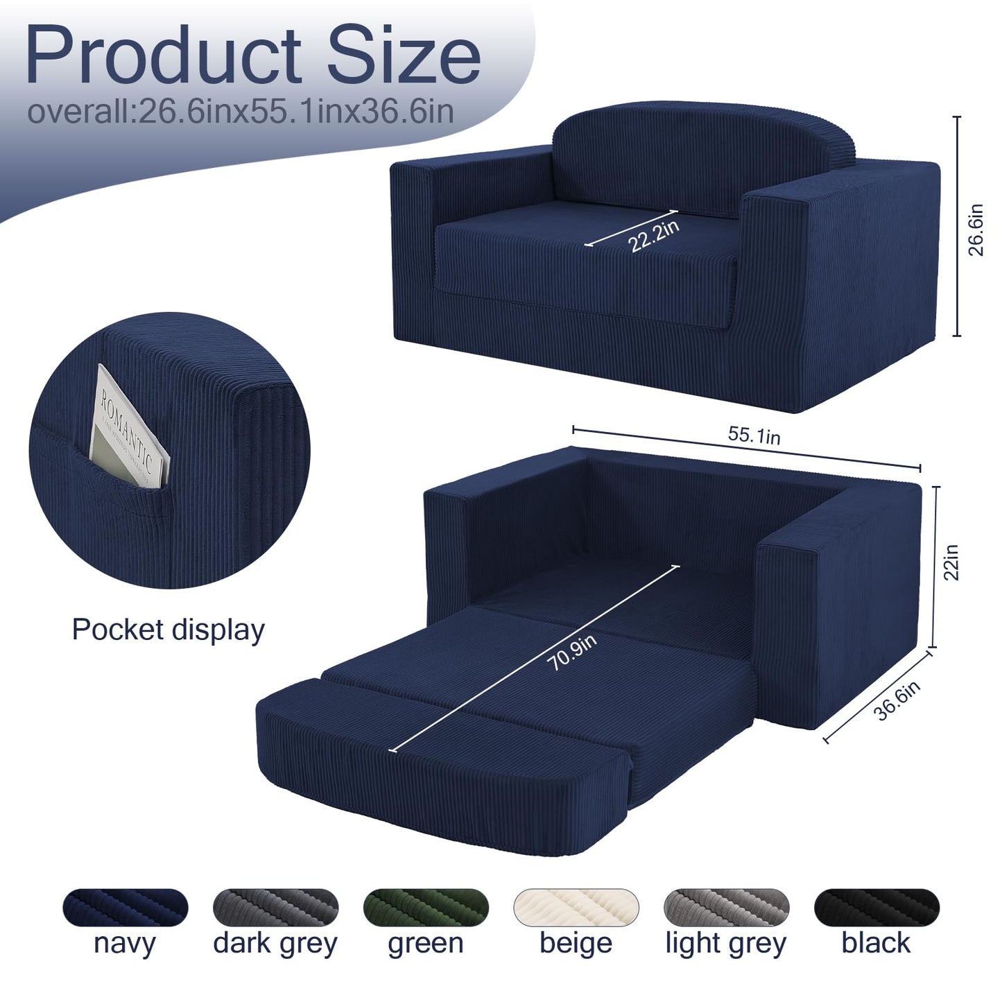 MeMoreCool Boneless Corduroy Loveseat & Sleeper – 2-in-1 Fold-Out Futon Couch Bed with High-Density Foam, Removable Washable Cover for Apartments, Guest Stays, Small Bedrooms