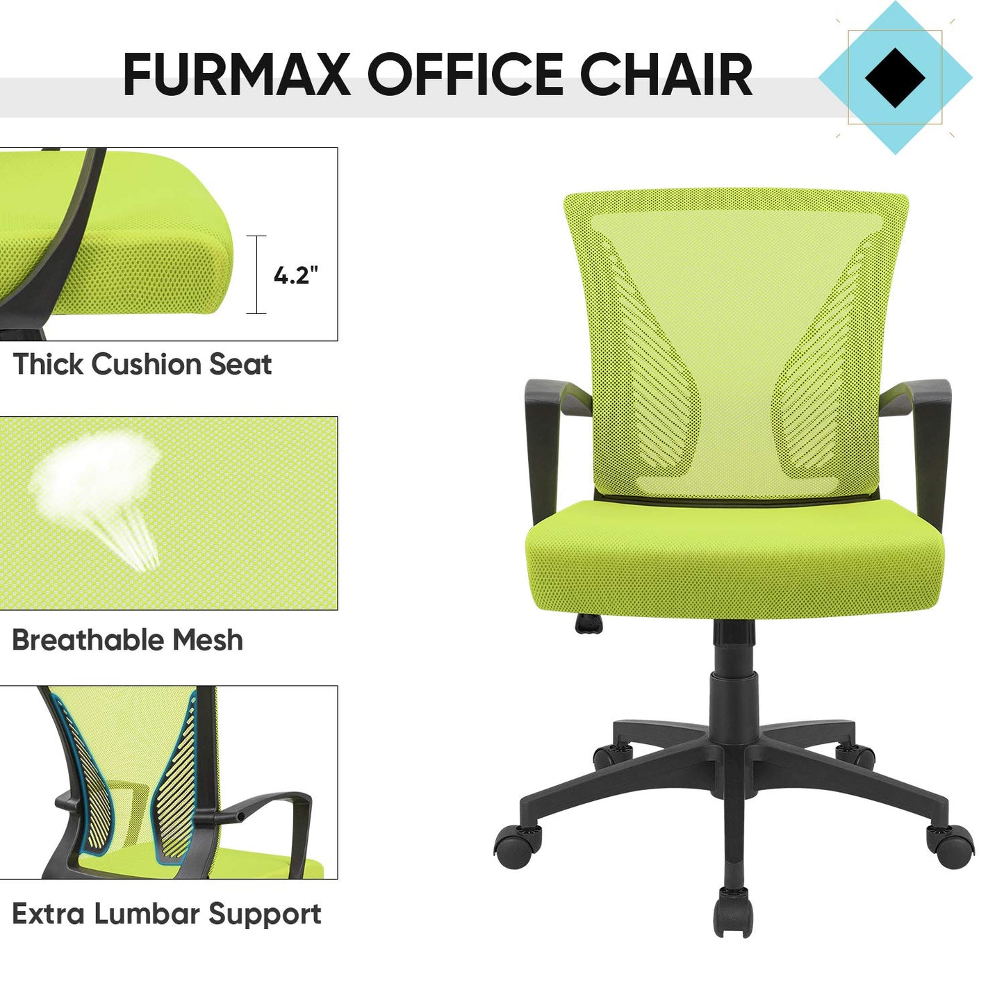 Furmax Office Chair Ergonomic Computer Desk Mesh Chair Mid Back Swivel Lumbar Support with Armrest (1, Cyan)