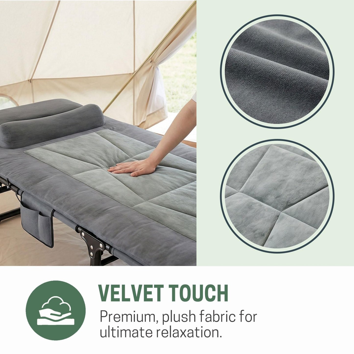 Mopaicot Folding Camping Cot for Adults, Adjustable 4-Position Reclining Chair with Mattress and Pillow, Lounge Chair Camp Cots Bed for Sleeping, Travel, Garden, Pool, or Office Nap (Gray)