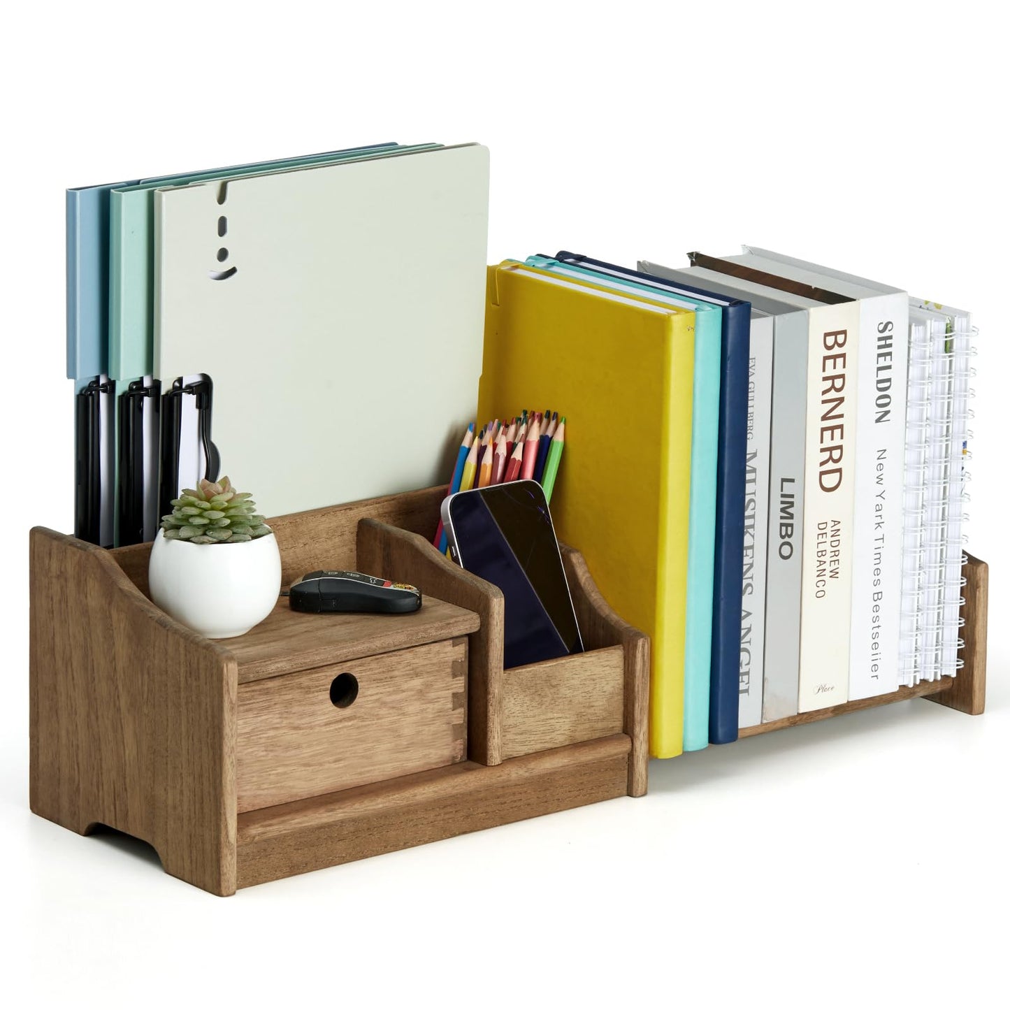 KIRIGEN Desktop Bookshelf Organizer with Drawer, Expandable Wood Desk Shelf, Fully Assembled Book Rack for Office Supplies, Files and Notebooks, 12.24 to 22.7 in Adjustable Width, SSSJ-S-DBR