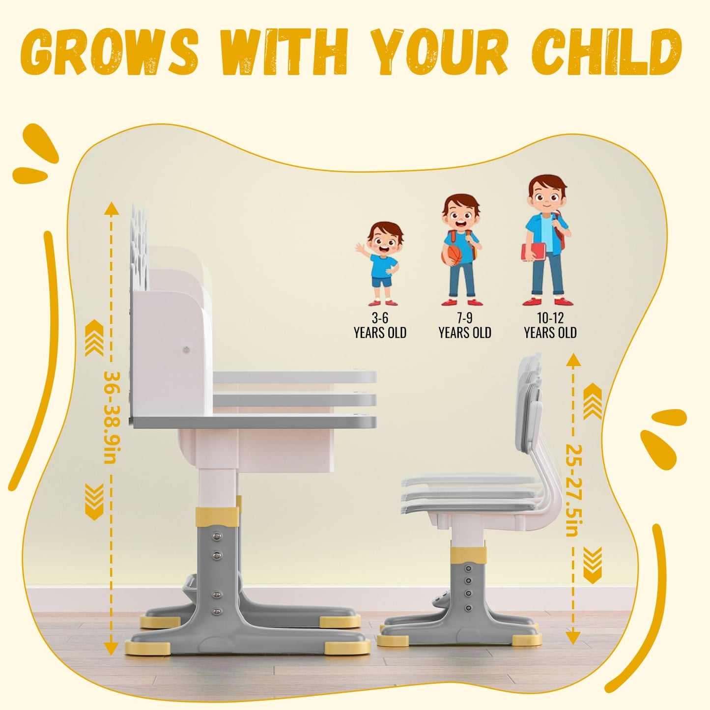 Kids Study Desk and Chair Set - Height Adjustable Study Writing Table with Bookstand and Storage Drawer, Child School Study Writing Table Ergonomic Widened Desktop Art Desk for Boy & Girl (Grey)