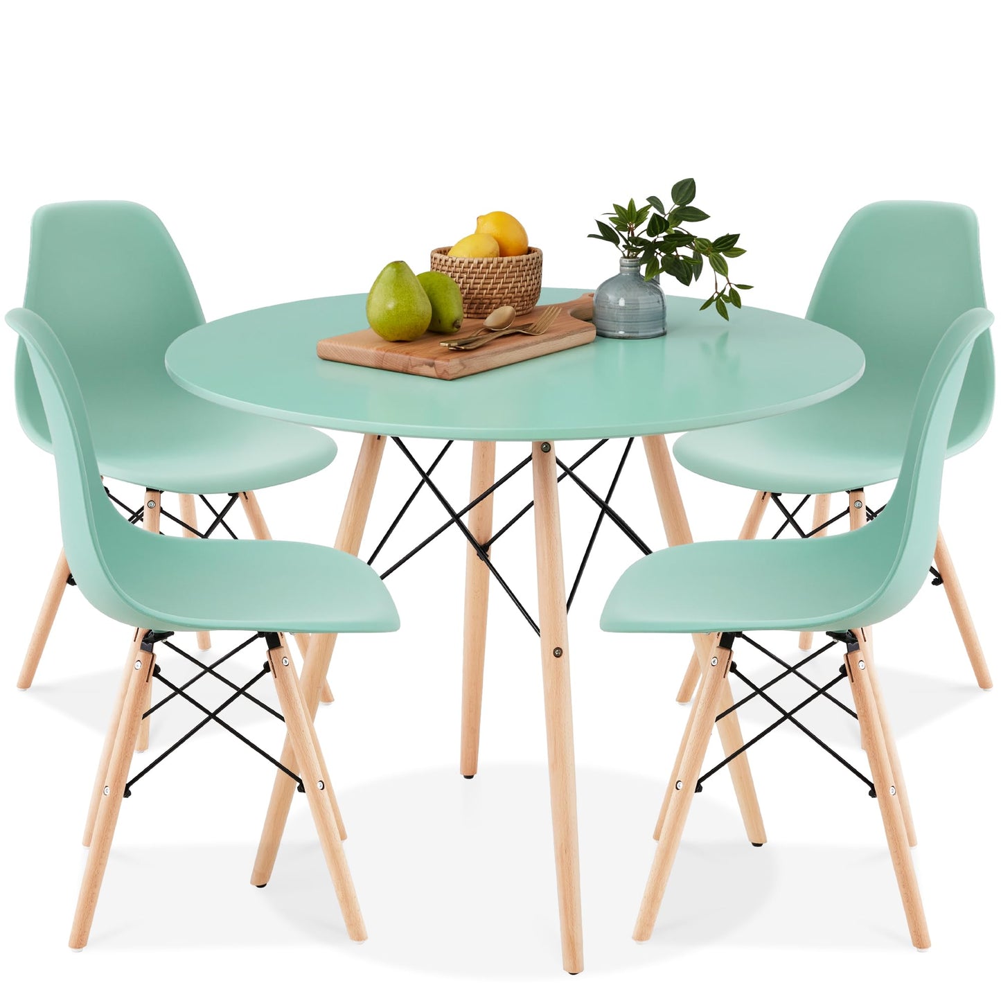 Best Choice Products 5-Piece Dining Set, Compact Mid-Century Modern Table & Chair Set for Home, Apartment w/ 4 Chairs, Plastic Seats, Wooden Legs, Metal Frame - Light Green/Oak