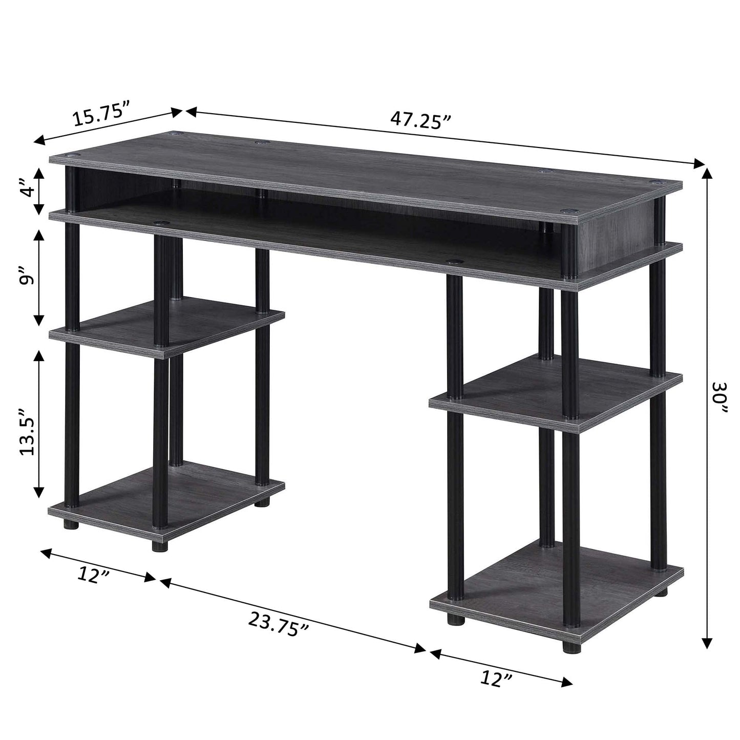 Convenience Concepts Designs2Go No Tools Desk Home Office Desk with Shelves, Corner Shelf Vanity Desk Computer Desk Nail Table for Nail Tech - 47.25" L x 15.75" W x 30" H, Charcoal Gray/Black