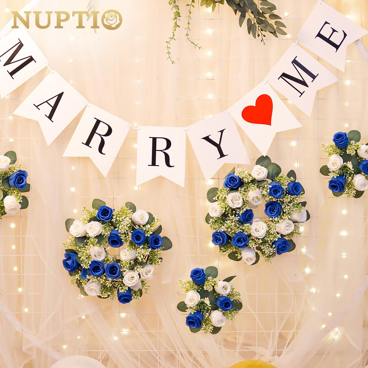 NUPTIO Flower Candle Rings for Centerpieces: 13.4 Inch Rose Wreath for Wedding Party Christmas - Royal Blue & White Wreaths for Spring Summer Front Door Porch Table Decor 2 Pcs
