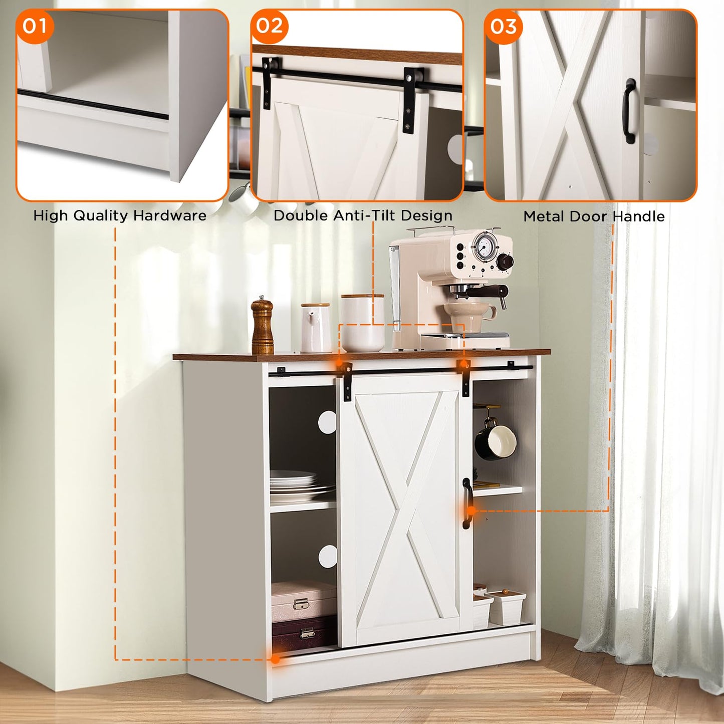 COSYSUPER White Coffee Bar Cabinet with Storage, Farmhouse Coffee Bar Cabinet, Coffee Bar Table with Sliding Barn Door, Coffee Bar & Adjustable Shelves, for Kitchen, Dining Room, Living Room