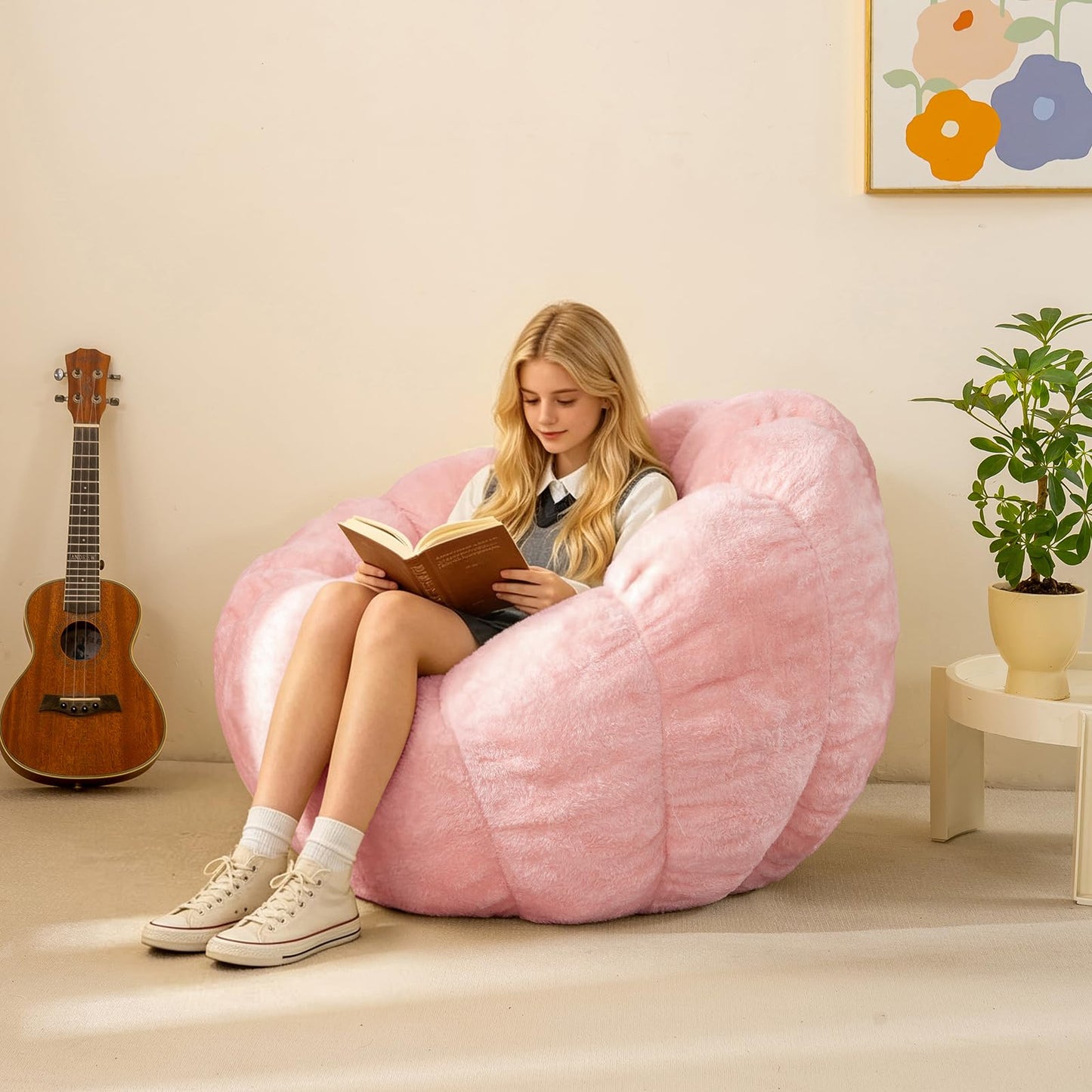 IEVENW Pumpkin Bean Bag Sofa Chair for Adult, Beanbag Couch with Filler for Reading and Relaxation, Comfy and Lazy Sofa for Dorm, Apartment, Living Room and Bedroom, Pink