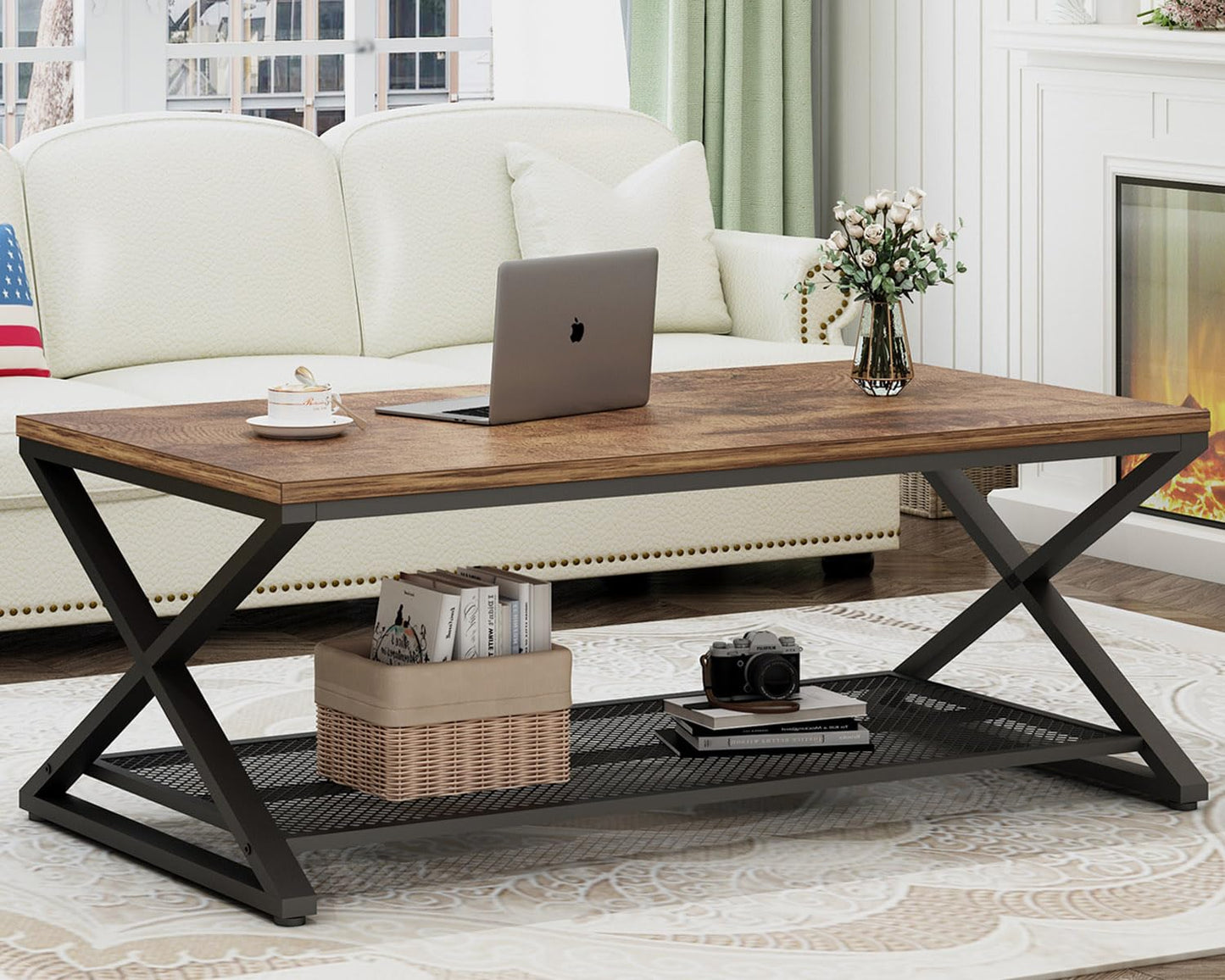 LVB Rustic Coffee Table with Storage, Industrial Wood Metal 2 Tier Center Living Room Table with Mesh Shelf, Farmhouse Wooden Low Rectangle Cocktail Tea Table for Office Bedroom, 47 inch, Rustic Brown