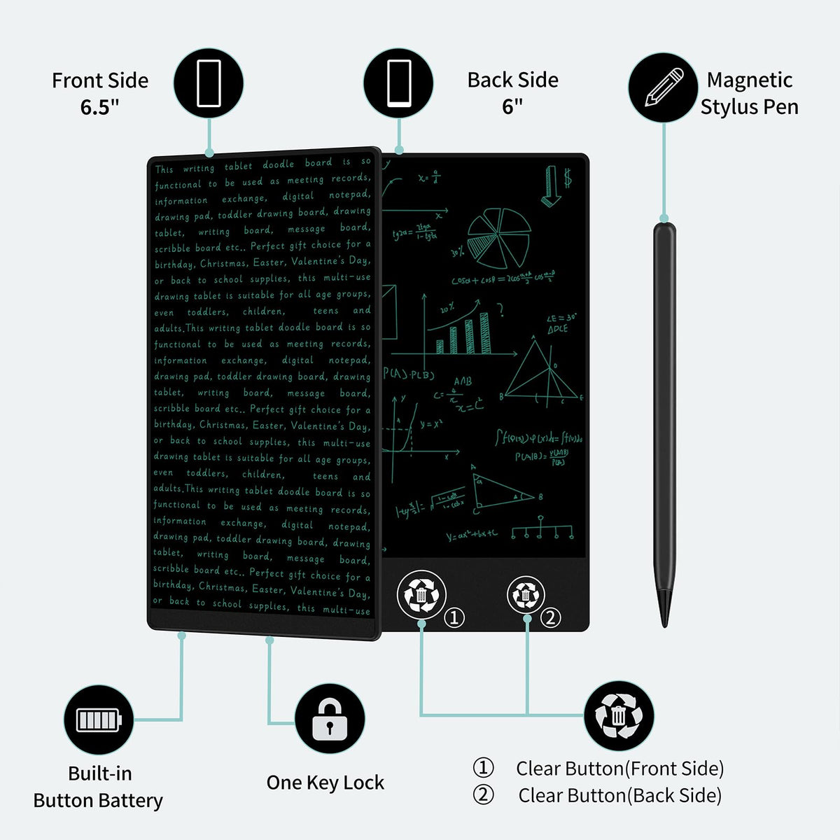 LCD Writing Tablet for Adult: Double-Sided 6.5&6 Inch Mini Full Screen Drawing Board Reusable Digital Notepad Portable Use in Home School Office