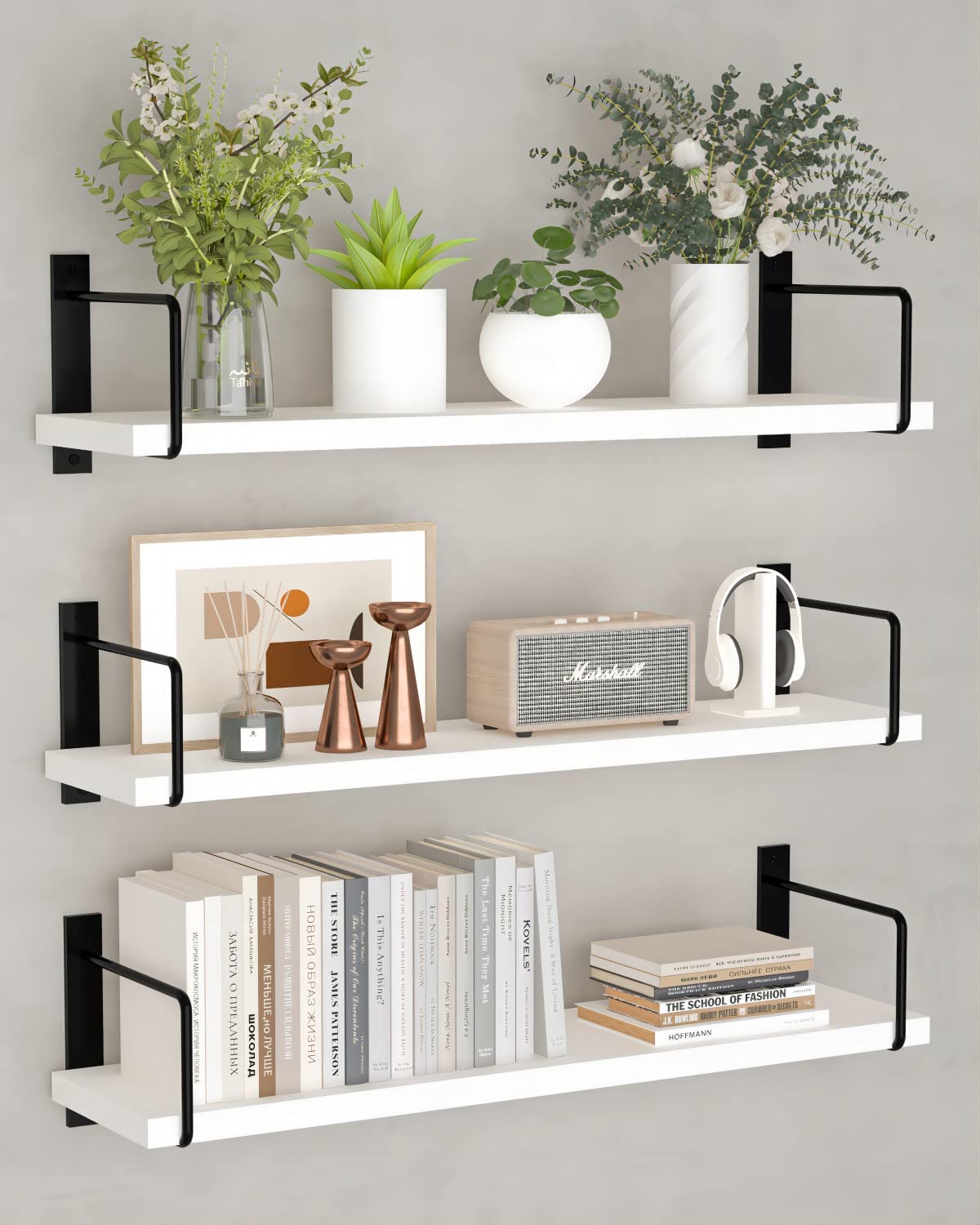 EALLRINEC Floating Shelves, 24 Inches Easy to Install Wall Mounted Shelves, Set of 3, Rustic Wood Shelves for Wall Decor, Storage Shelves for Living Room (White)