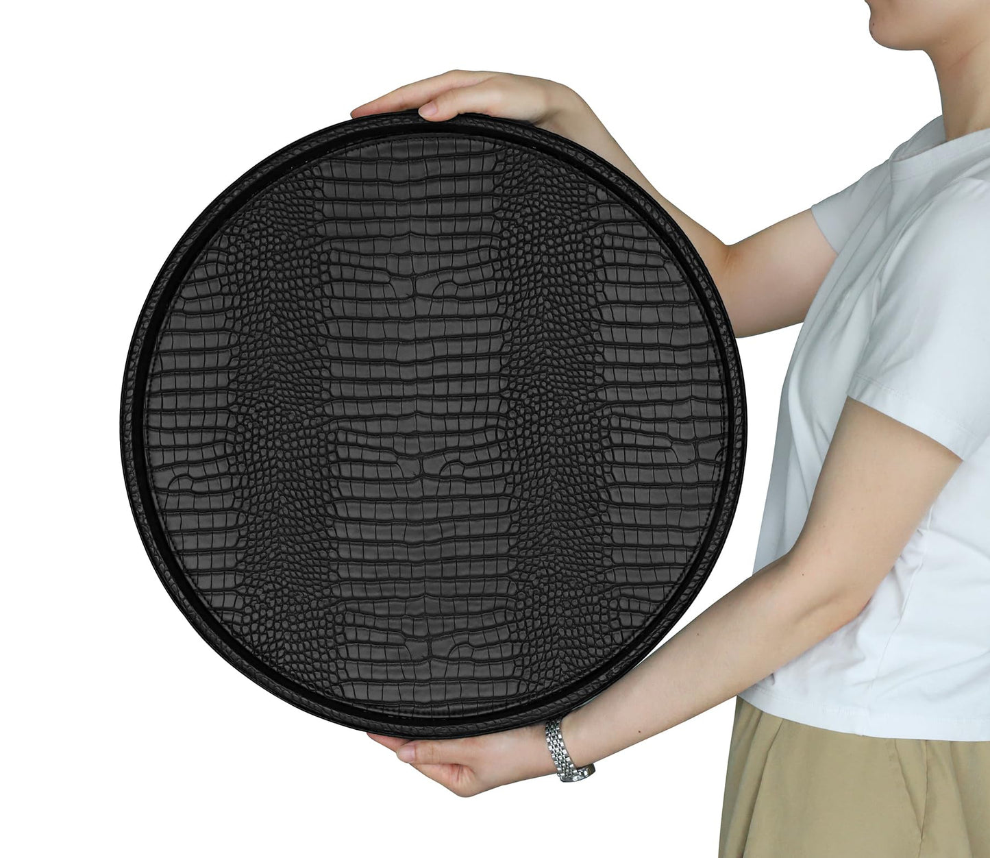 HofferRuffer Round Serving Tray 20'', Elegant Faux Leather Circle Ottoman Table Tray, Serve Tea Coffee Breakfast in Bedroom Living Room Kitchen (Classic Black)
