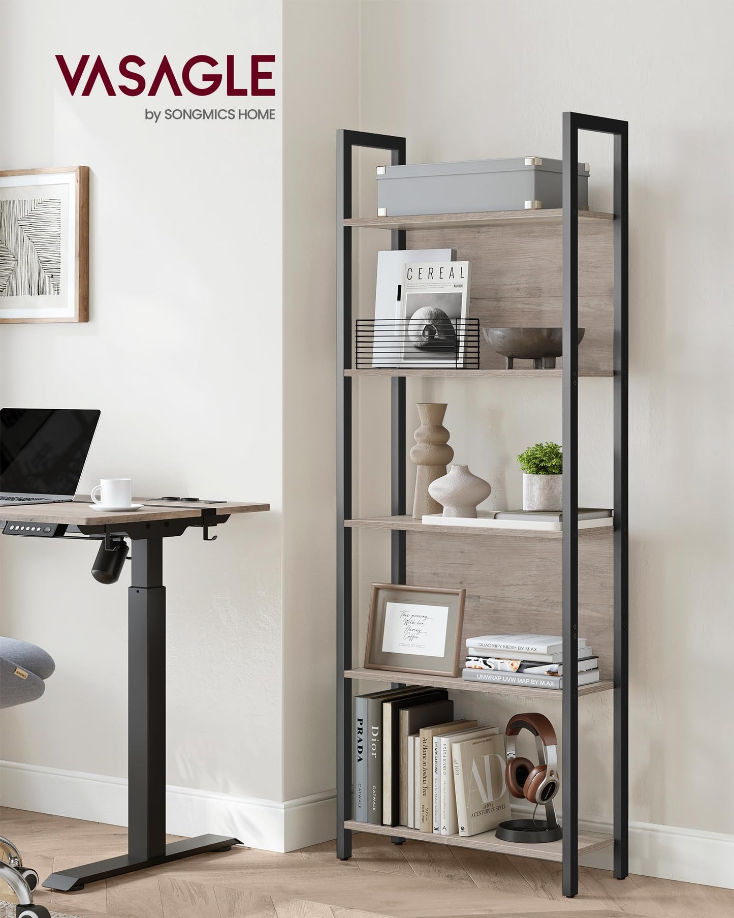 VASAGLE 5-Tier Bookshelf, Book Shelf, Industrial Bookcase, with Steel Frame, for Living Room, Home Office, Bedroom, 9.4 x 24.4 x 65 Inches, Greige and Black ULLS025B02