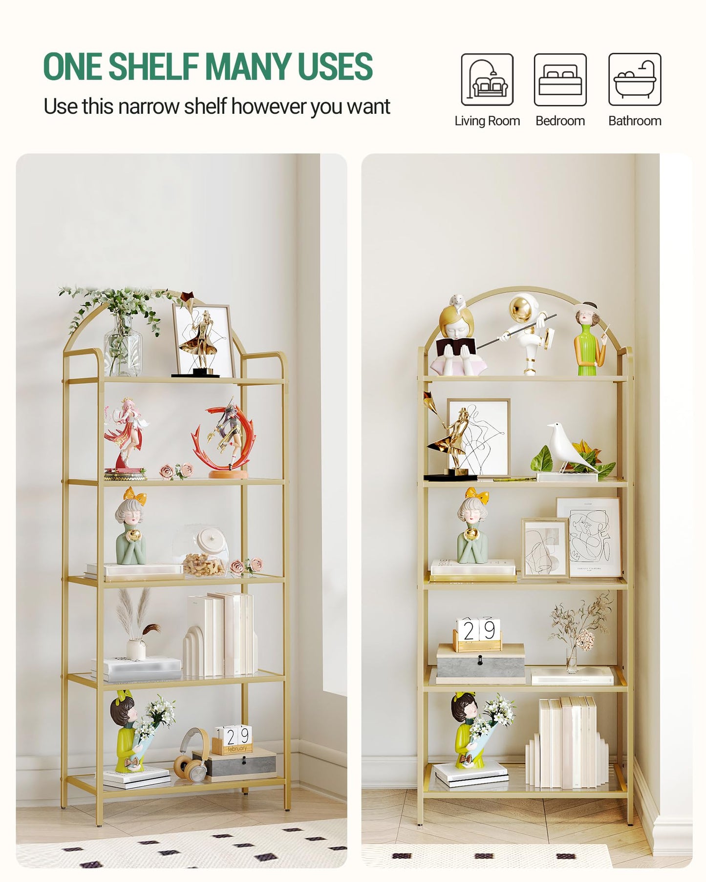 Hzuaneri Bookcase Bookshelf, Tempered Glass Bookshelves, Slim Shelving Unit for Bedroom, Bathroom, Home Office, Steel Frame, 5 Tier Gold BC21599G