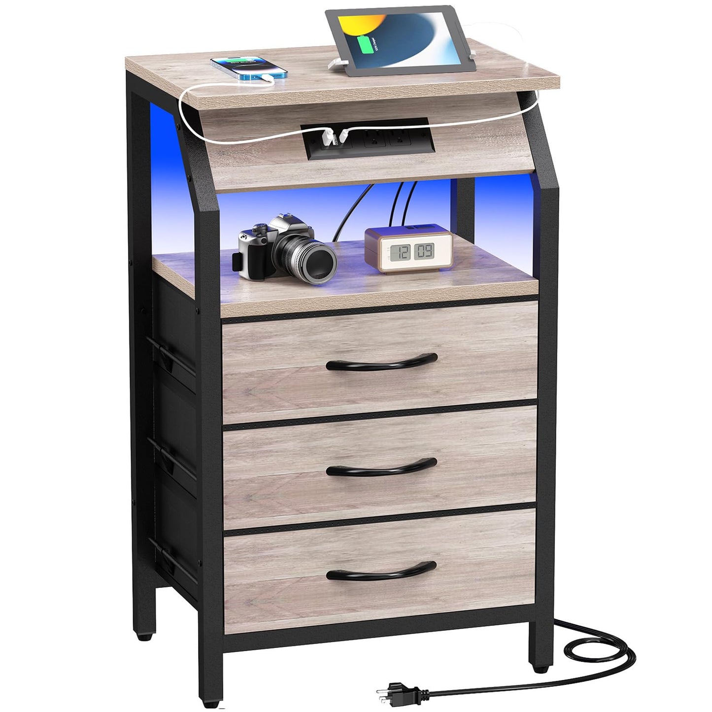SZLHANJZ End Table with 3 Drawers, Night Stand with Charger Station and LED Lights, Small Nightstand with Fabric Storage, Farmhouse Side Table for Bedside, Living Room, Dorm, Greige