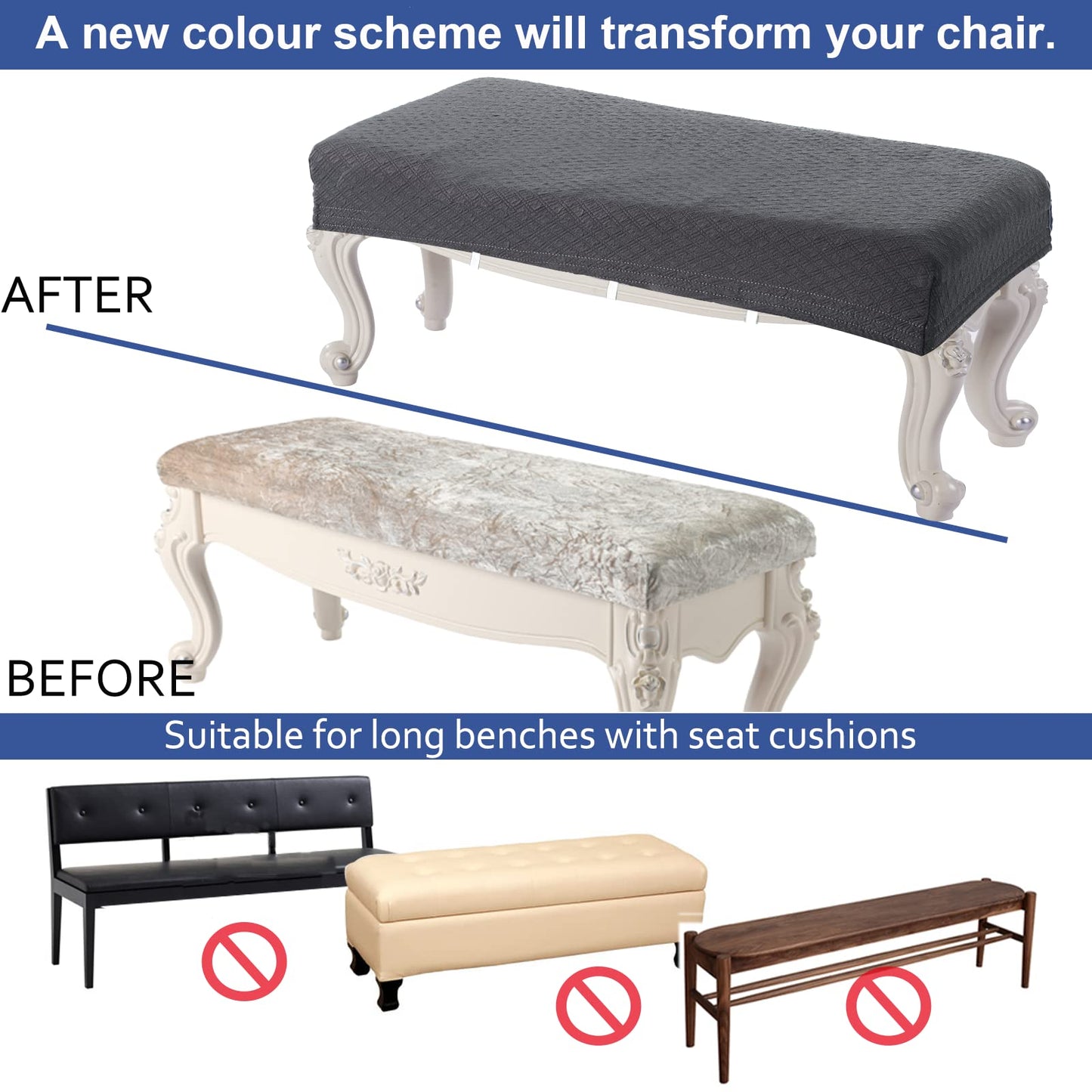 BUYUE Luxury Shoe Bench Cover, (36.5"- 48") L x (13.8"- 18") W Stretch Jacquard Washable Rectangle Long Dining Bench Slipcover (L, Grey)
