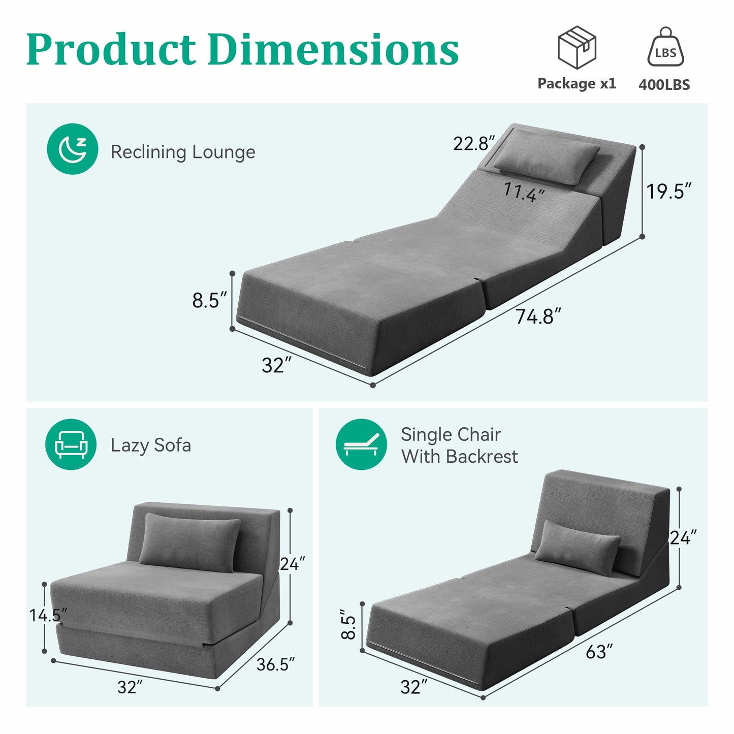 KAPEETOO Fold Out Chair Bed, Folding Sofa Bed, 3 in 1 Convertible Sleeper Chair Bed for Nap, Transformable Sofa Bed for Apartment,Dormitory,Bedroom