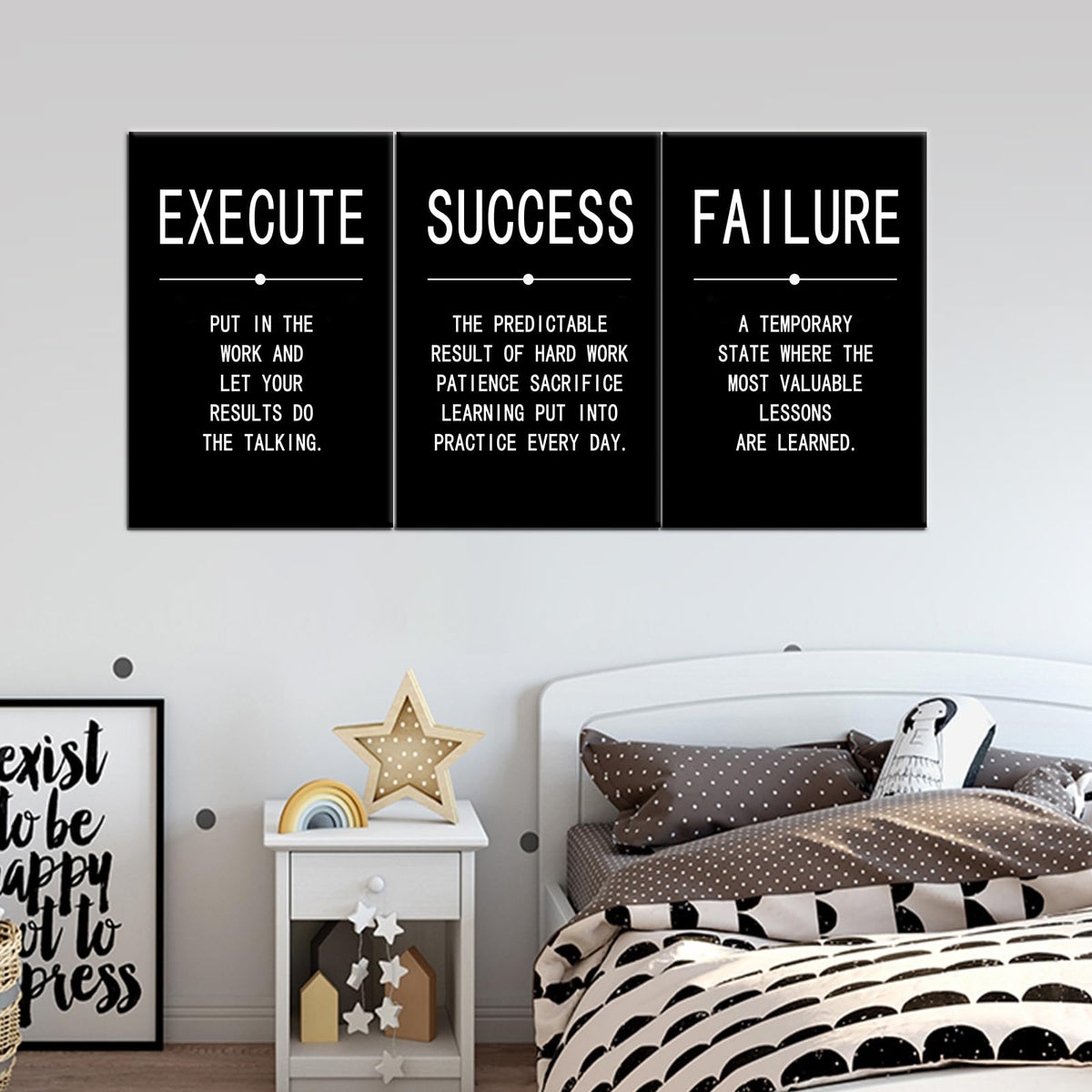 Inspirational Wall Art Success Quote Canvas Painting Positive Motivational Wall Art Execute Failure Definition 3 Pieces Black Poster Framed Artwork Prints Picture for Living Room Office [48''Wx 24''H]
